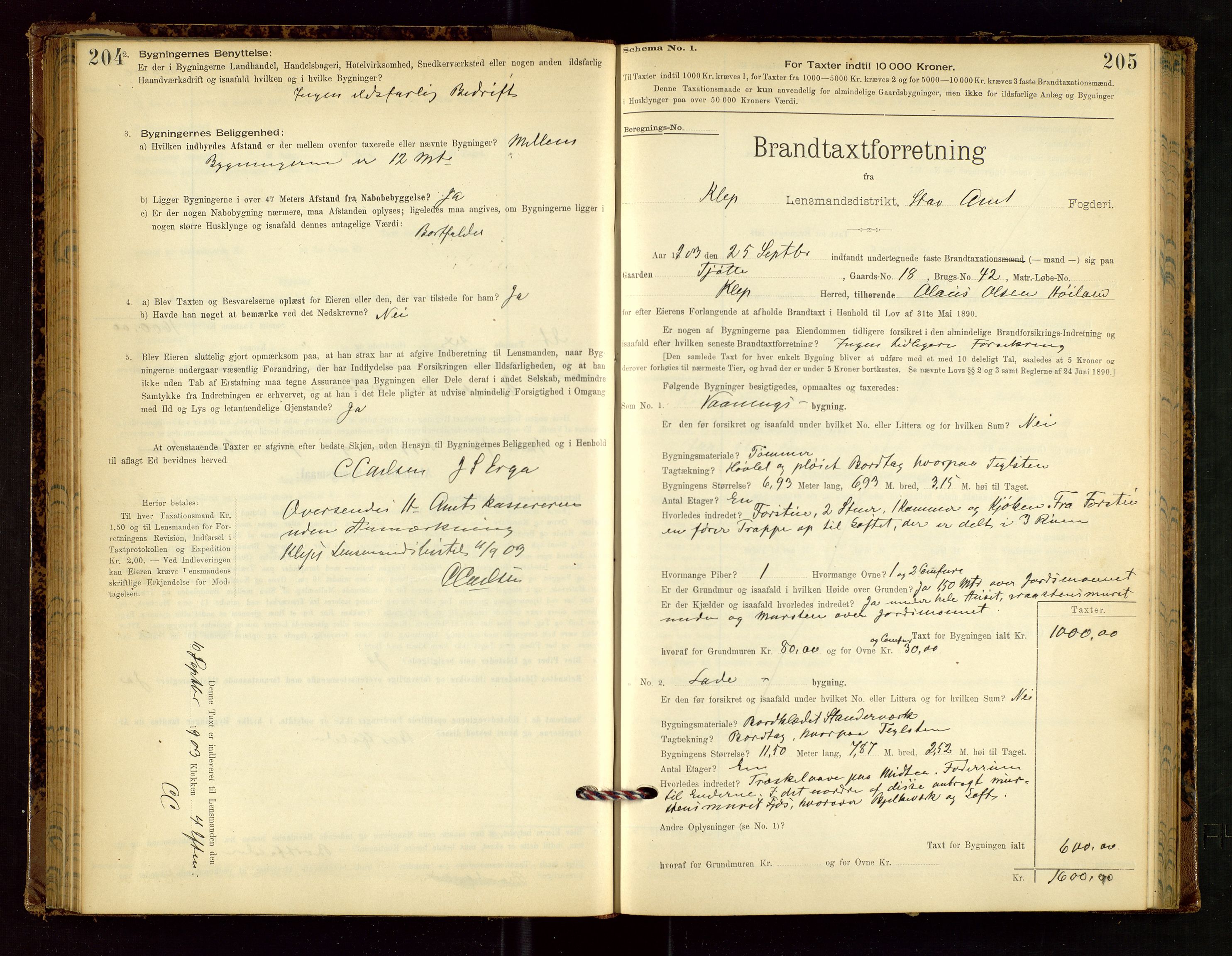 Klepp lensmannskontor, SAST/A-100163/Goc/L0002: "Brandtaxationsprotokol" m/register, 1898-1902, p. 204-205