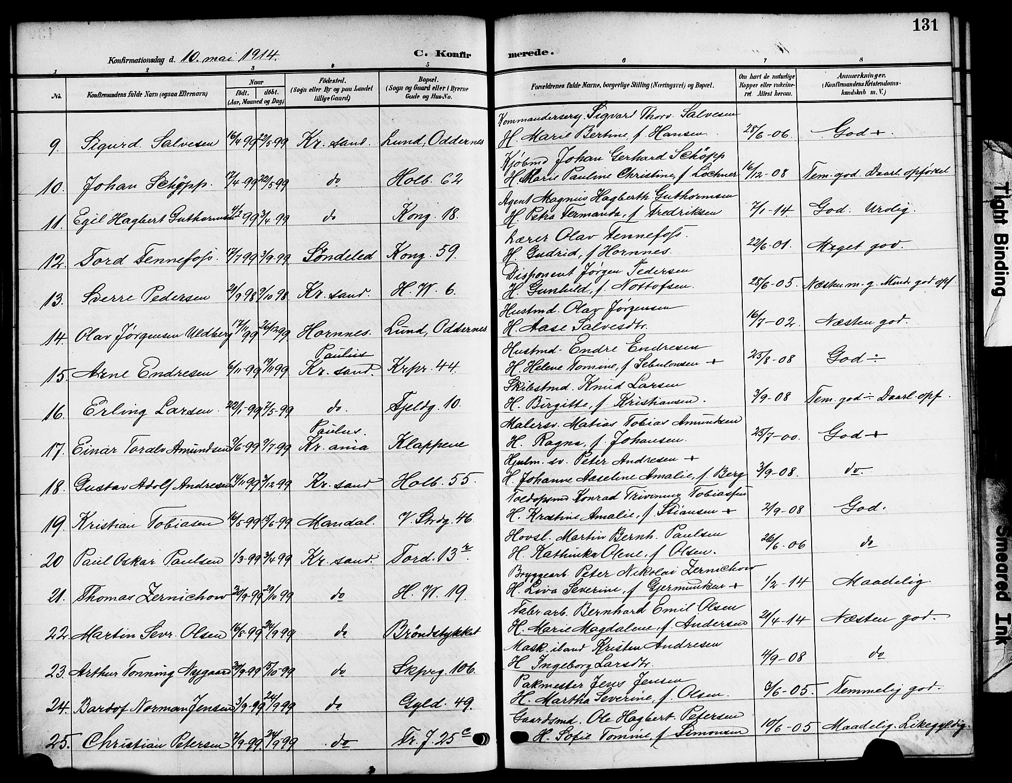Kristiansand domprosti, AV/SAK-1112-0006/F/Fb/L0020: Parish register (copy) no. B 20, 1906-1915, p. 131