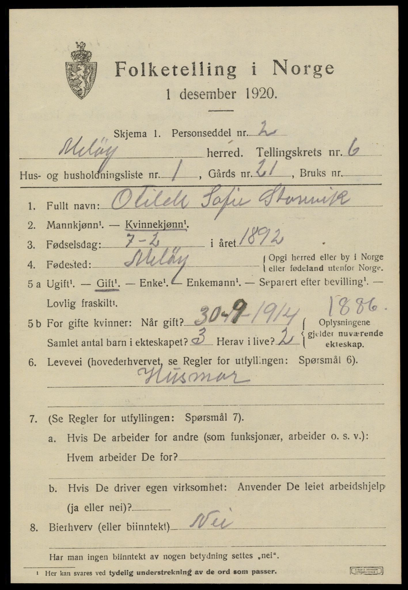 SAT, 1920 census for Meløy, 1920, p. 3391