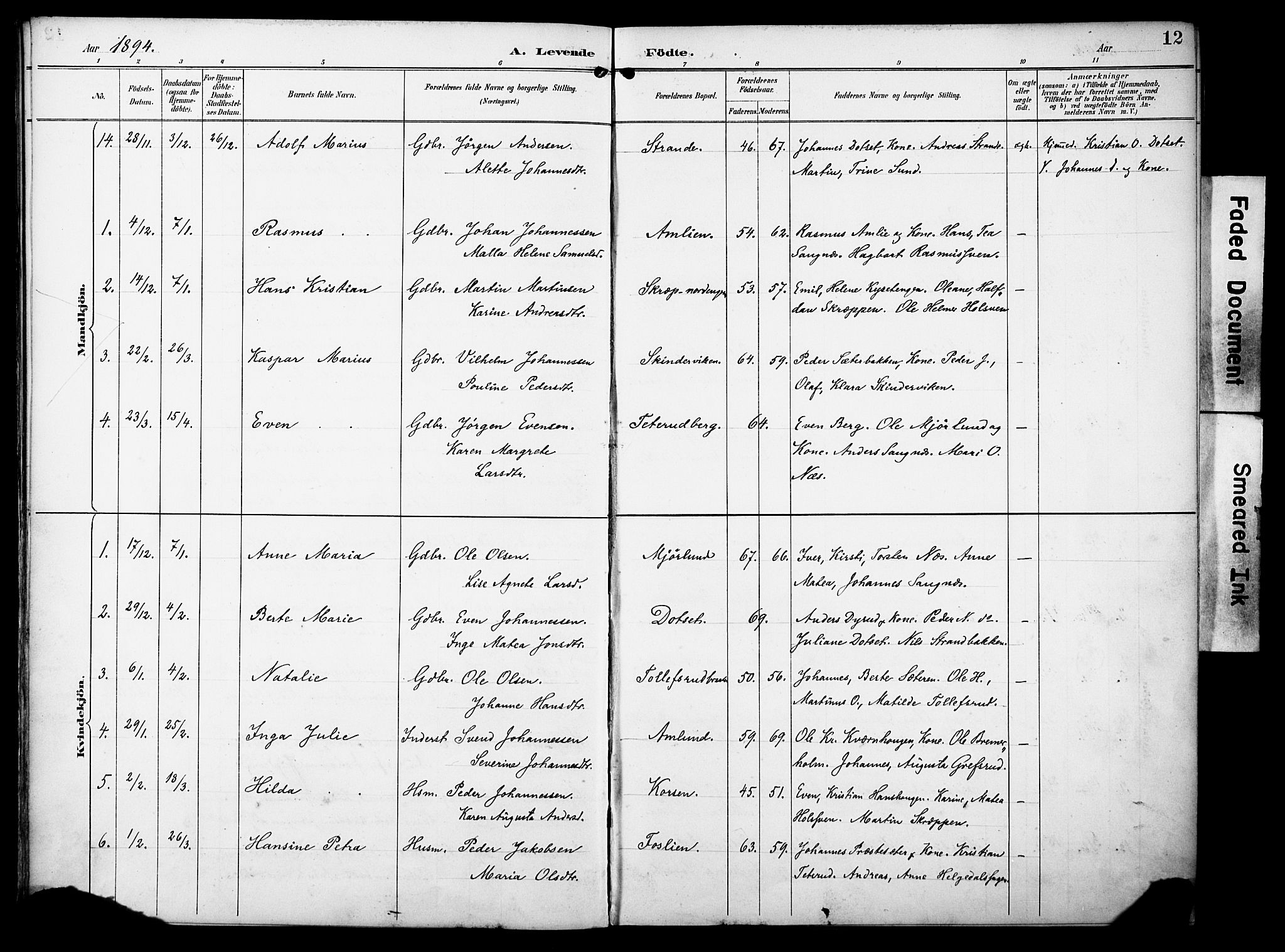 Vestre Toten prestekontor, AV/SAH-PREST-108/H/Ha/Haa/L0012: Parish register (official) no. 12, 1890-1906, p. 12