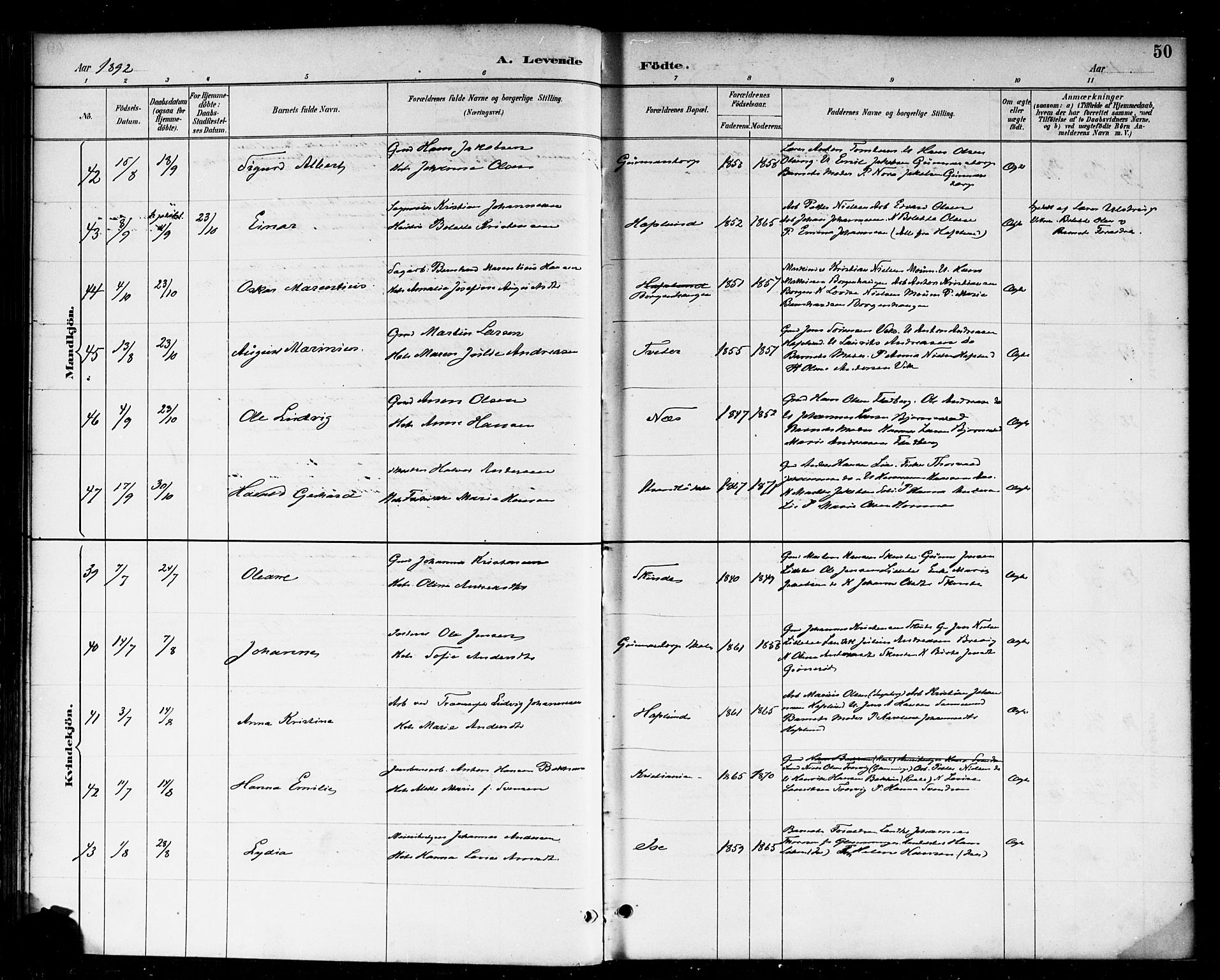 Skjeberg prestekontor Kirkebøker, AV/SAO-A-10923/F/Fa/L0009: Parish register (official) no. I 9, 1886-1897, p. 50