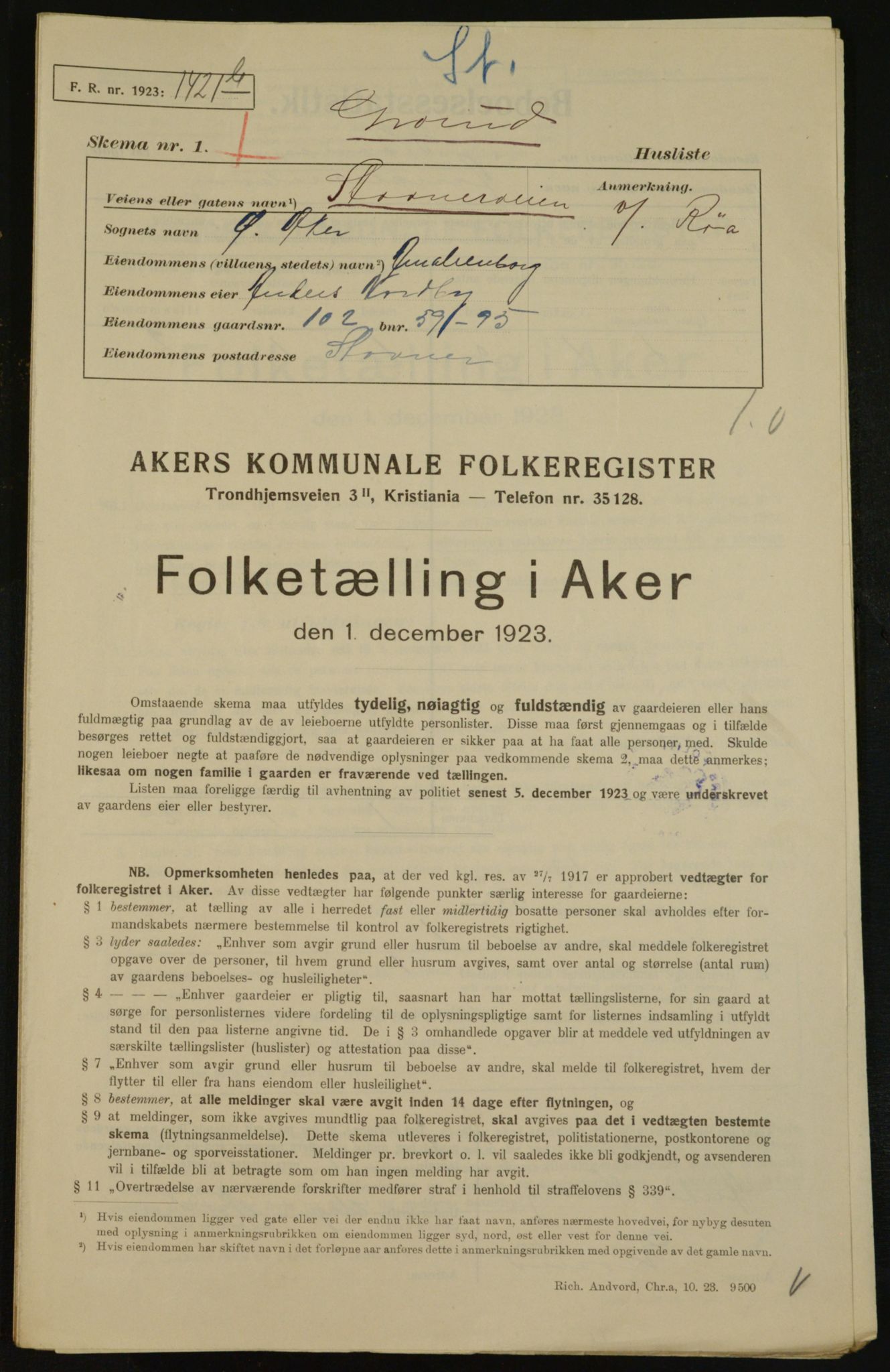 , Municipal Census 1923 for Aker, 1923, p. 31332