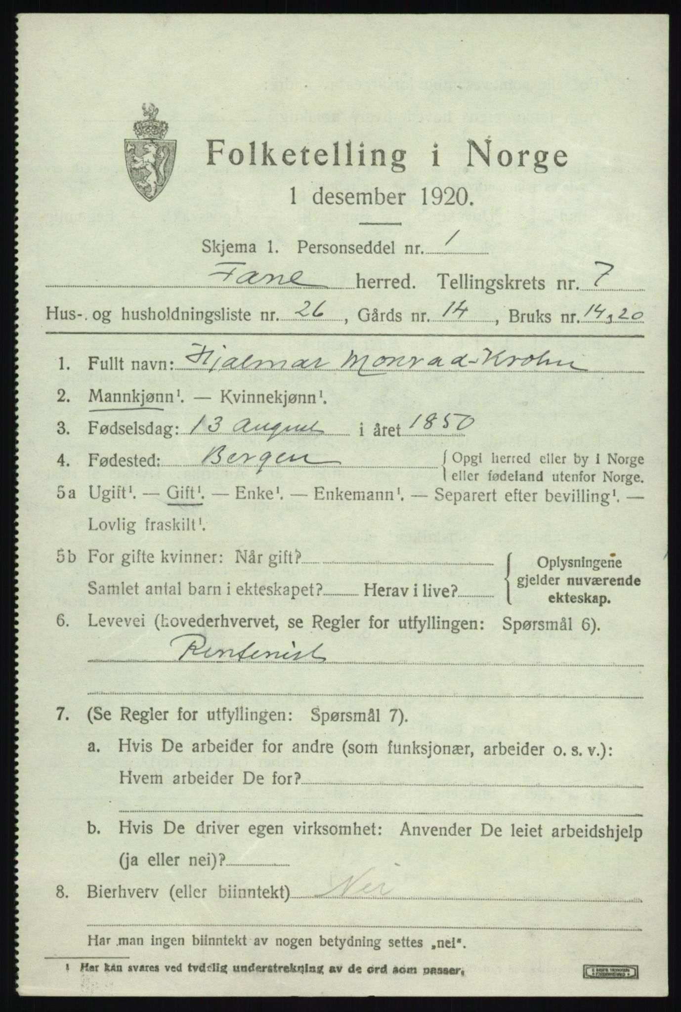 SAB, 1920 census for Fana, 1920, p. 12977