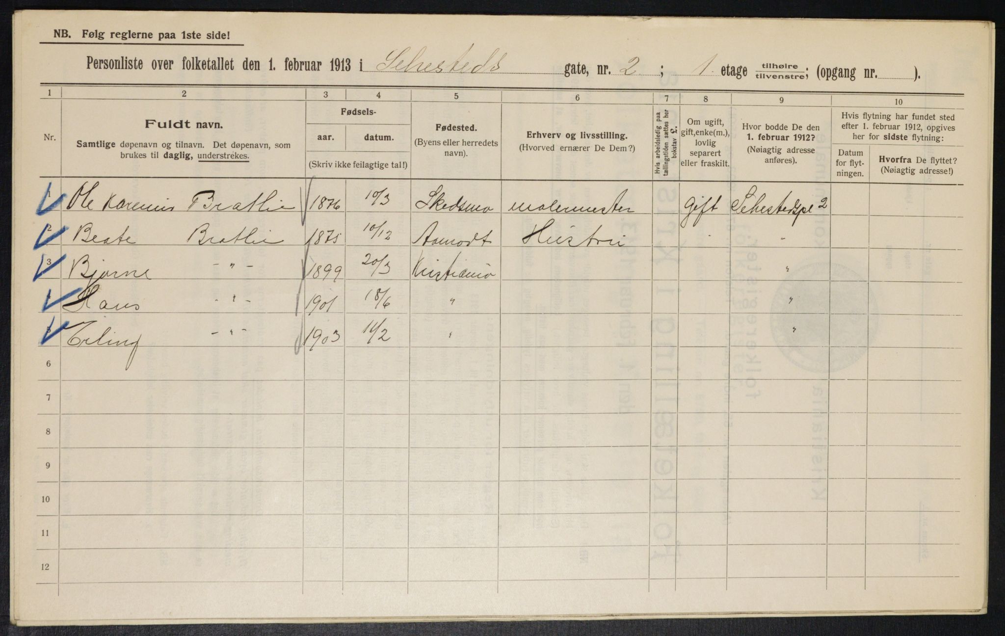 OBA, Municipal Census 1913 for Kristiania, 1913, p. 93744