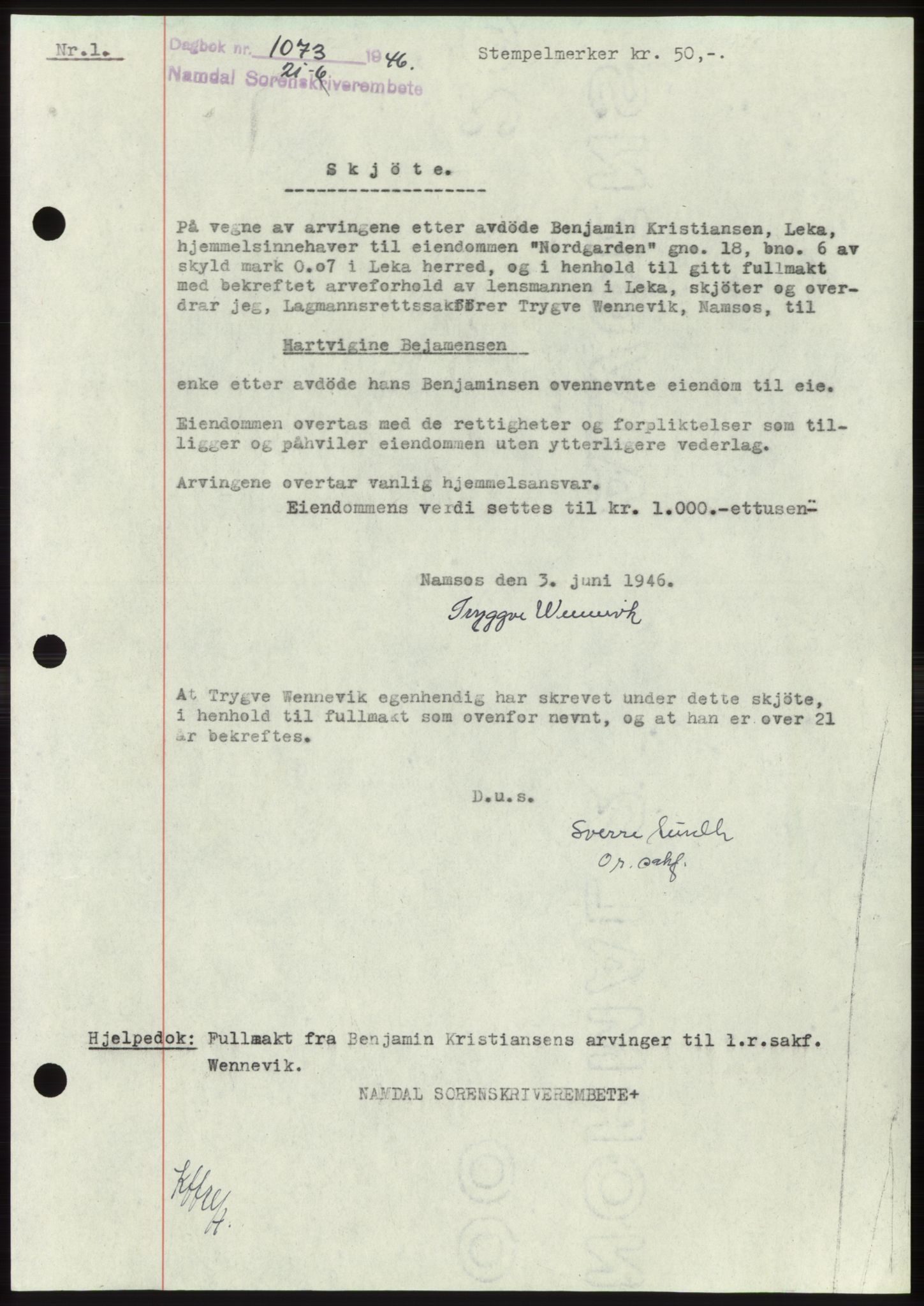 Namdal sorenskriveri, AV/SAT-A-4133/1/2/2C: Mortgage book no. -, 1946-1946, Diary no: : 1073/1946