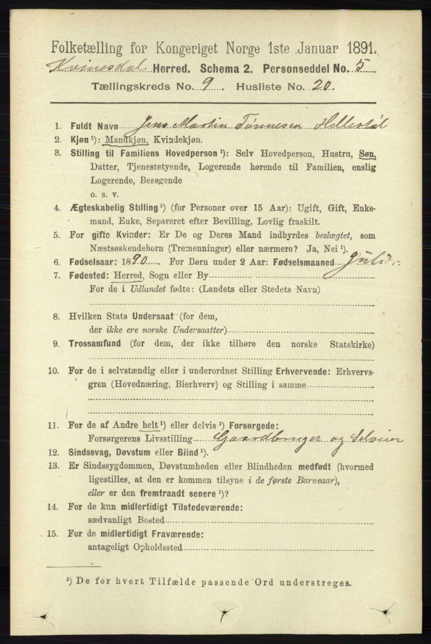 RA, 1891 census for 1037 Kvinesdal, 1891, p. 3392