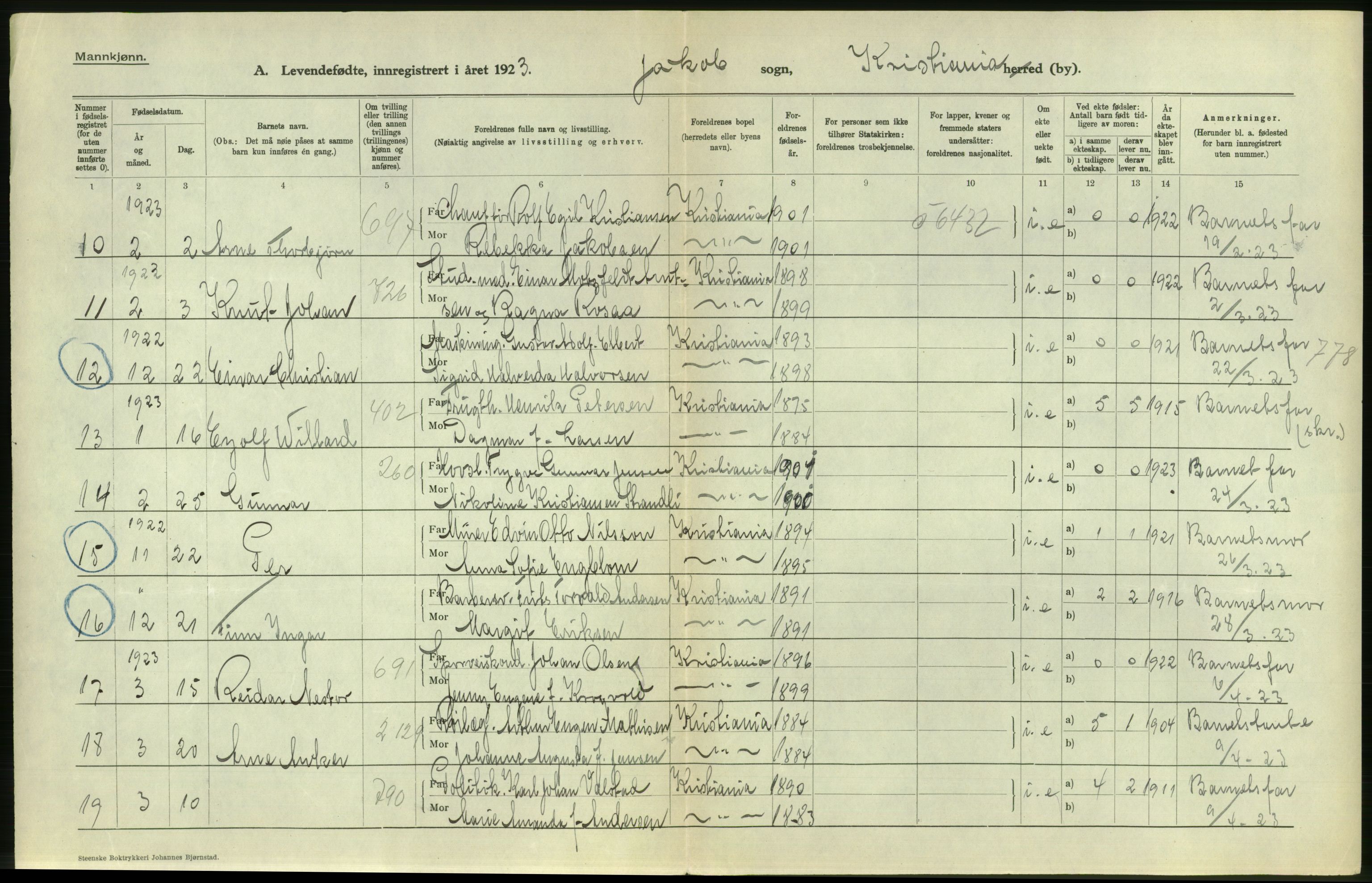 Statistisk sentralbyrå, Sosiodemografiske emner, Befolkning, AV/RA-S-2228/D/Df/Dfc/Dfcc/L0006: Kristiania: Levendefødte menn og kvinner., 1923, p. 104