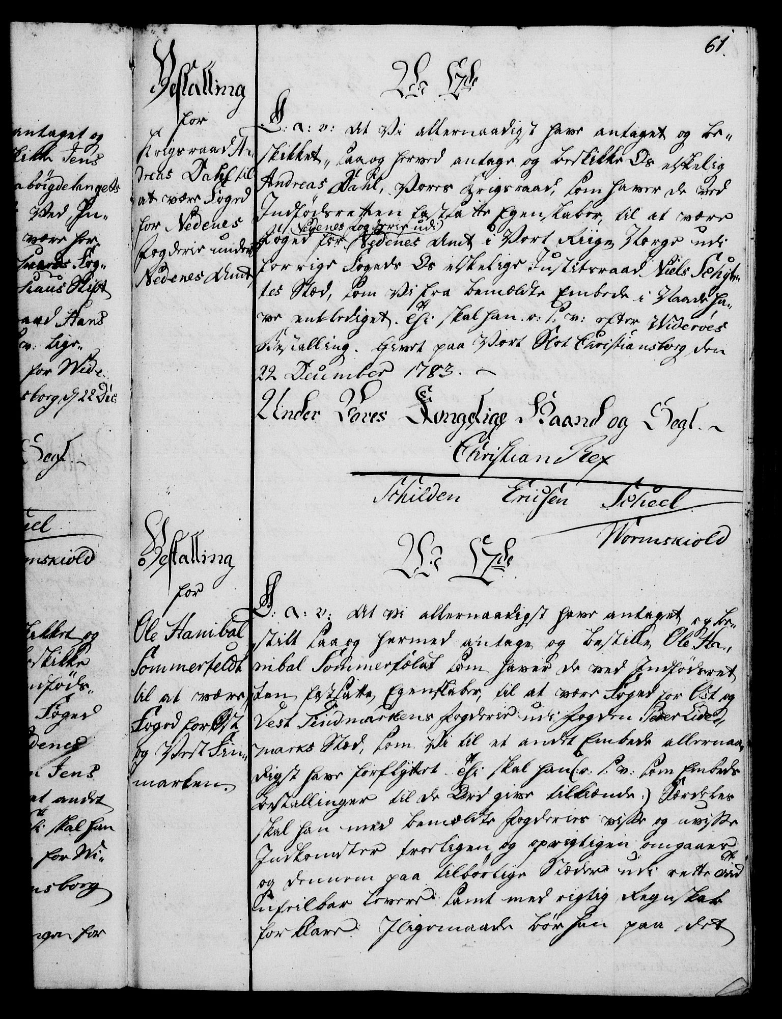 Rentekammeret, Kammerkanselliet, RA/EA-3111/G/Gg/Gge/L0006: Norsk bestallingsprotokoll med register (merket RK 53.30), 1773-1814, p. 61