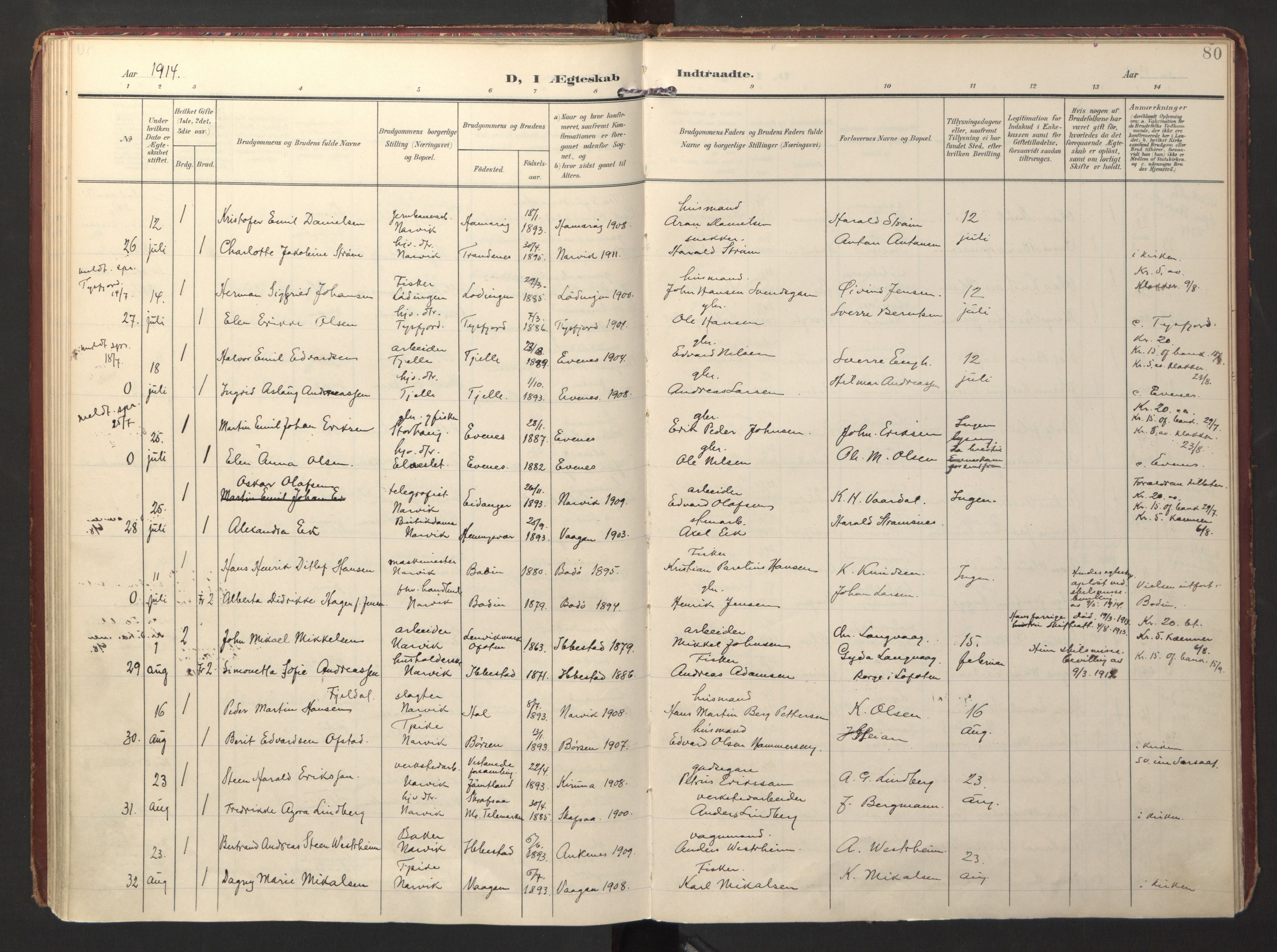 Ministerialprotokoller, klokkerbøker og fødselsregistre - Nordland, SAT/A-1459/871/L0999: Parish register (official) no. 871A15, 1902-1917, p. 80