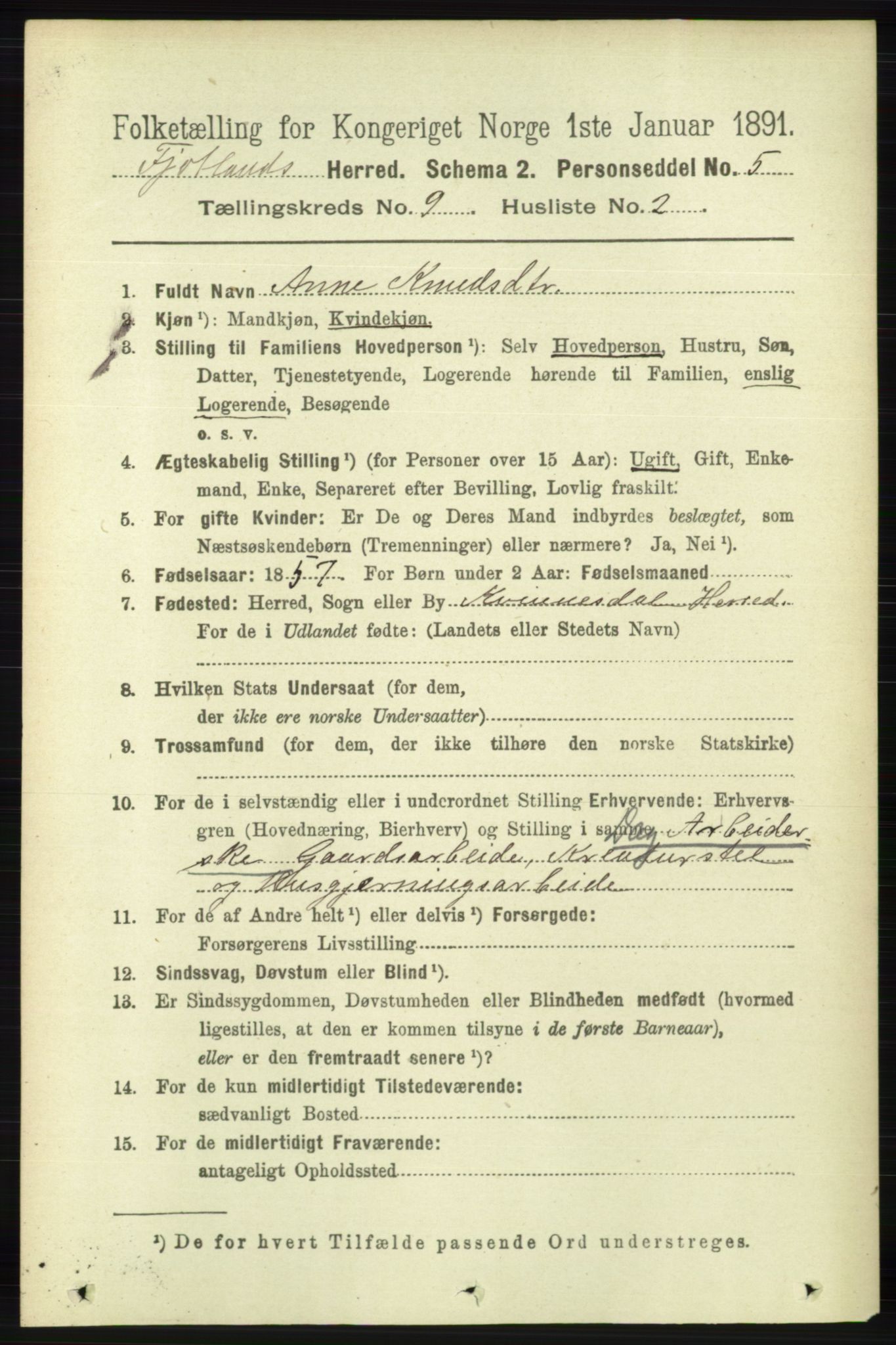 RA, 1891 census for 1036 Fjotland, 1891, p. 1312