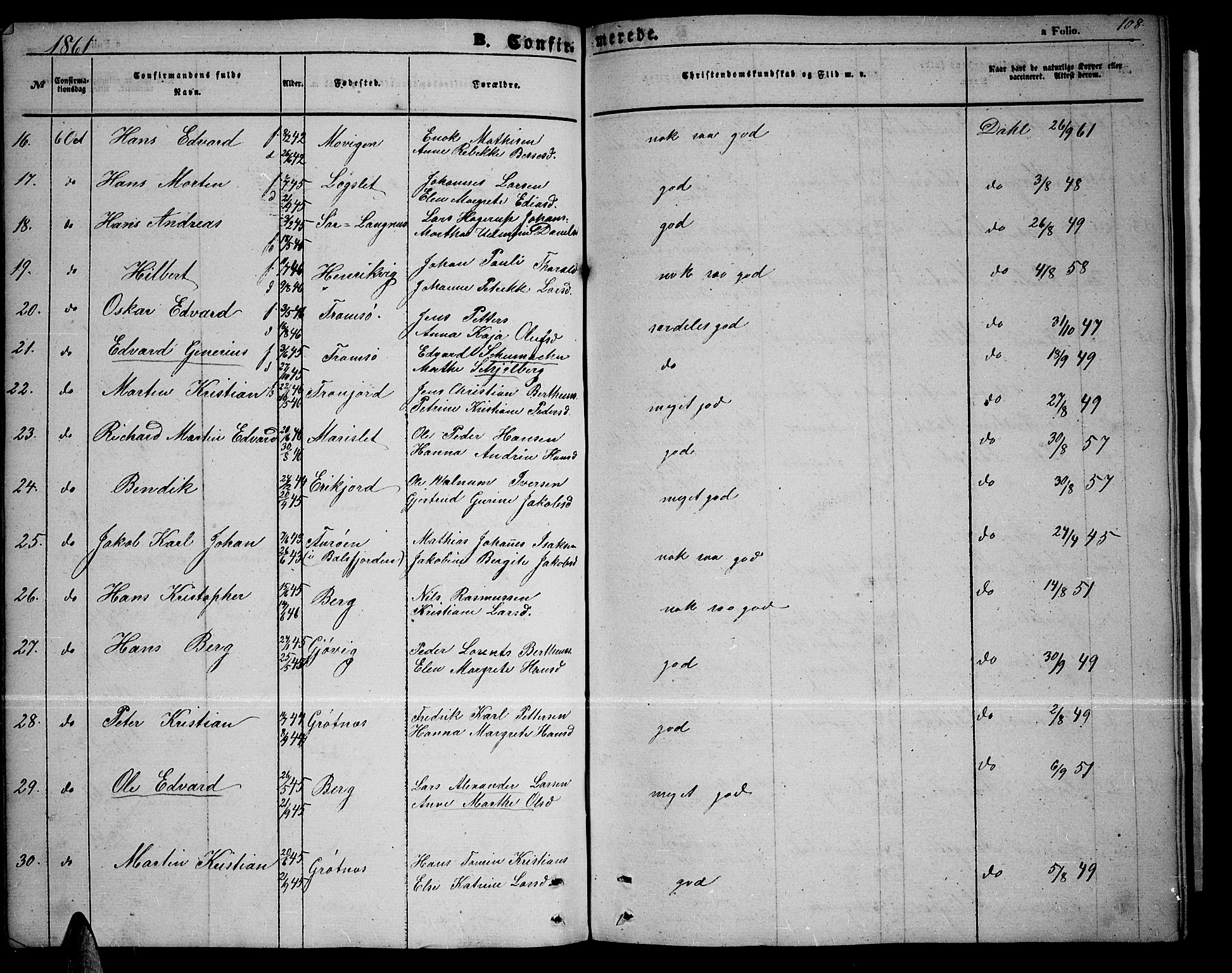 Tromsøysund sokneprestkontor, AV/SATØ-S-1304/G/Gb/L0001klokker: Parish register (copy) no. 1, 1857-1869, p. 108