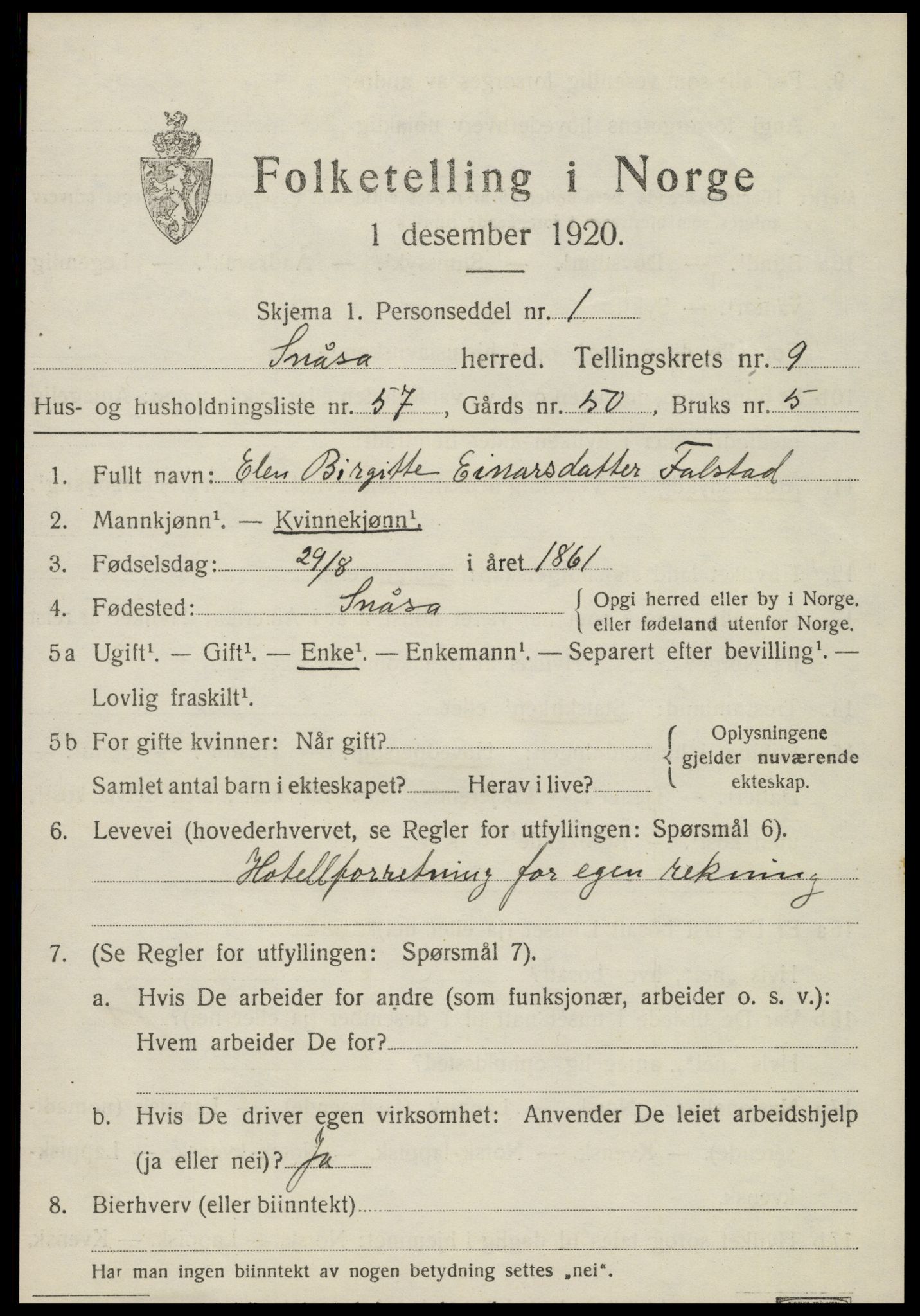 SAT, 1920 census for Snåsa, 1920, p. 4312