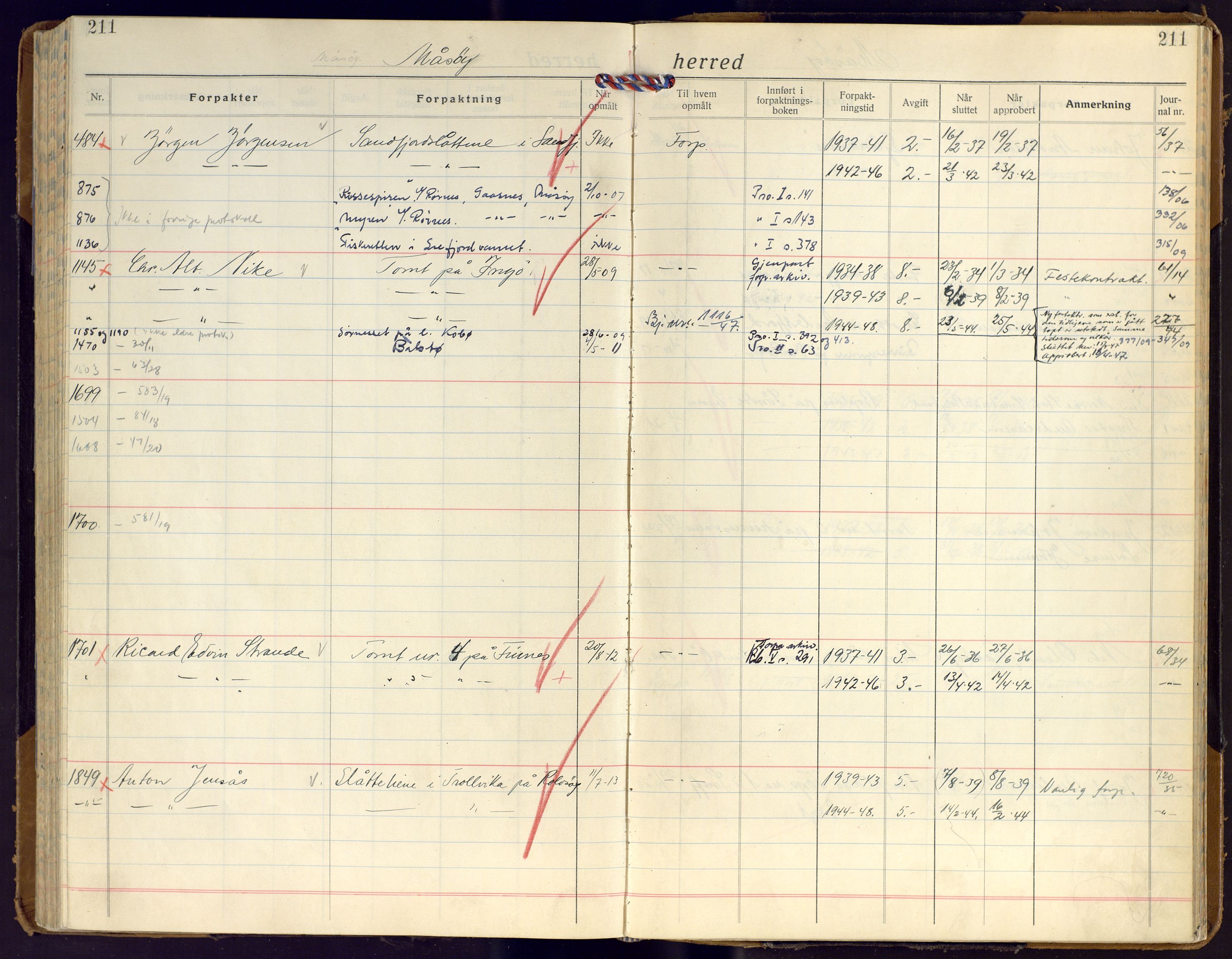 Finnmark jordsalgskommisjon/jordsalgskontor og Statskog SF Finnmark jordsalgskontor, AV/SATØ-S-1443/J/Ja/L0010: Forpaktningsbok for Finnmark I, 1916-1947, p. 211