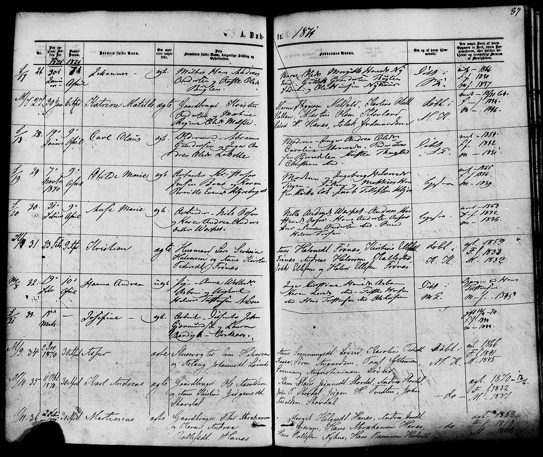 Solum kirkebøker, AV/SAKO-A-306/F/Fa/L0008: Parish register (official) no. I 8, 1865-1876, p. 87