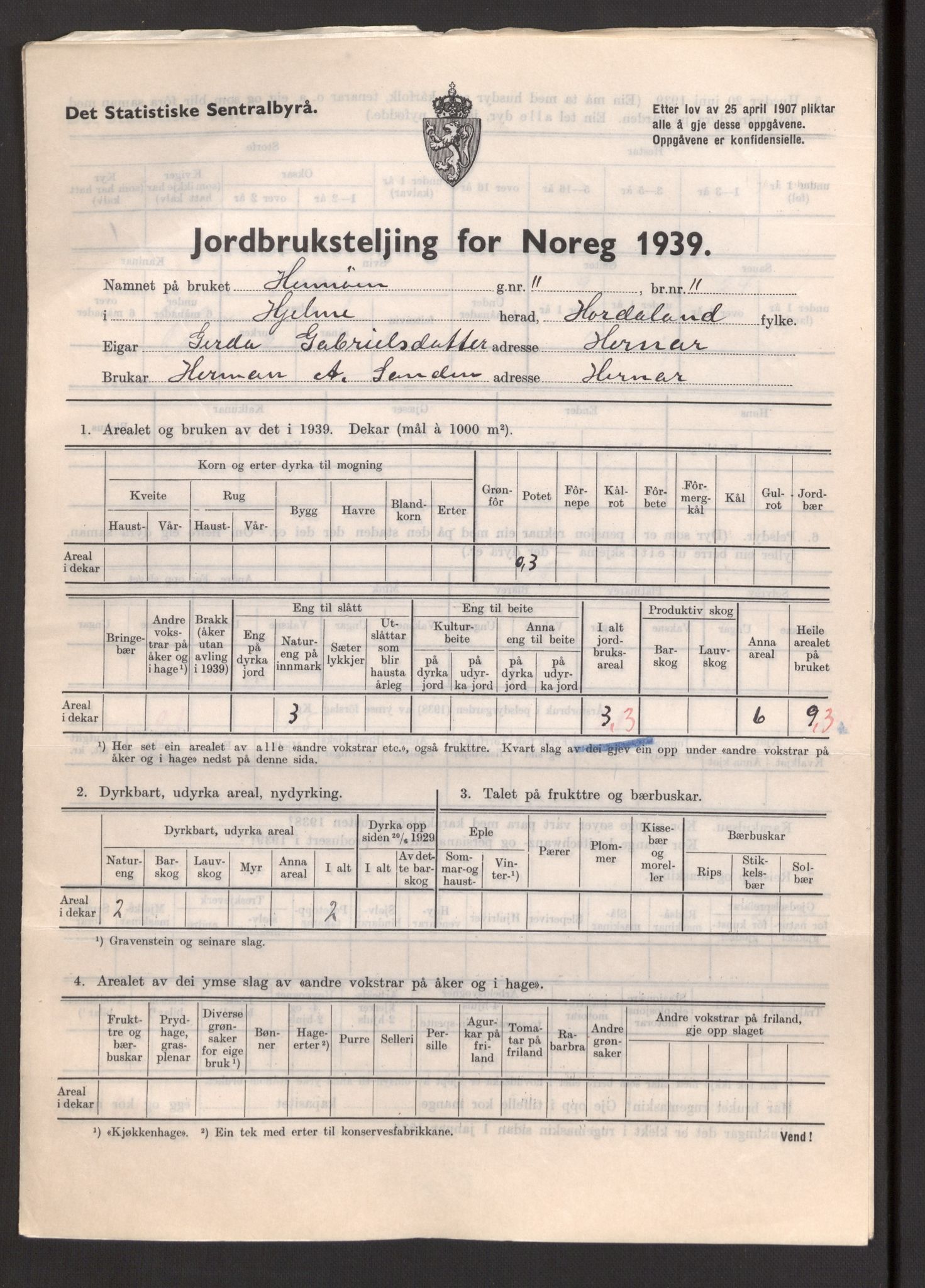 Statistisk sentralbyrå, Næringsøkonomiske emner, Jordbruk, skogbruk, jakt, fiske og fangst, AV/RA-S-2234/G/Gb/L0211: Hordaland: Herdla, Hjelme og Manger, 1939, p. 1171