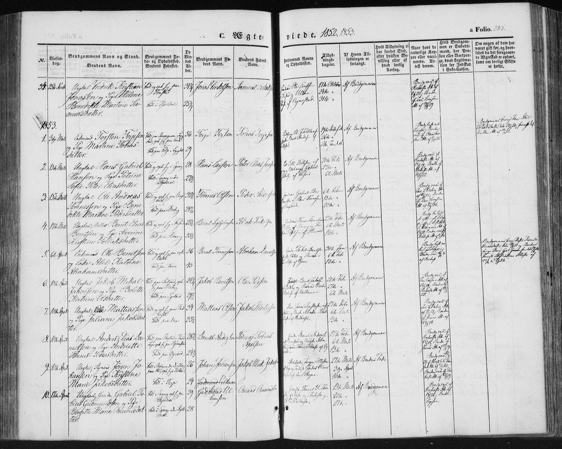 Lista sokneprestkontor, SAK/1111-0027/F/Fa/L0010: Parish register (official) no. A 10, 1846-1861, p. 285