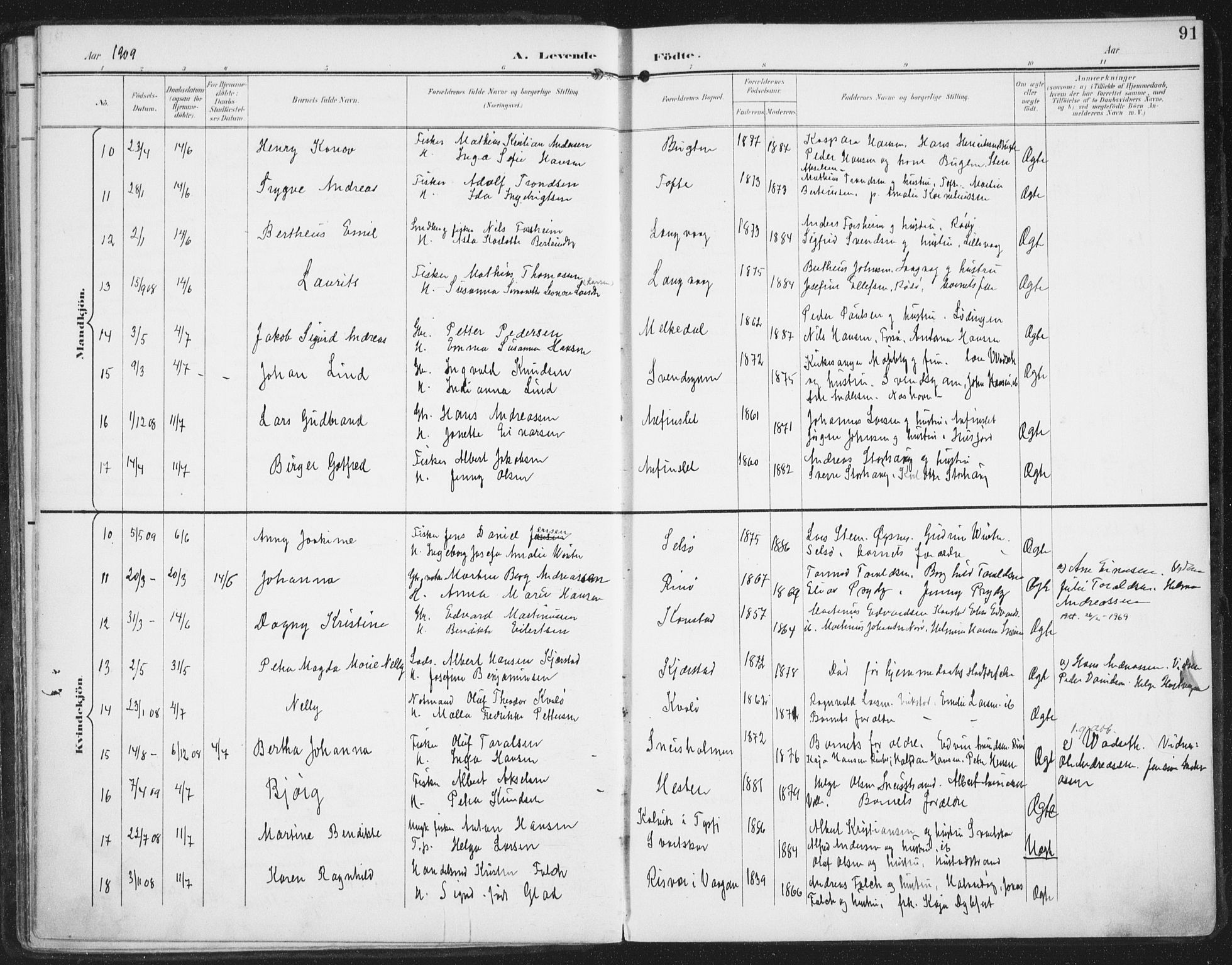 Ministerialprotokoller, klokkerbøker og fødselsregistre - Nordland, AV/SAT-A-1459/872/L1036: Parish register (official) no. 872A11, 1897-1913, p. 91