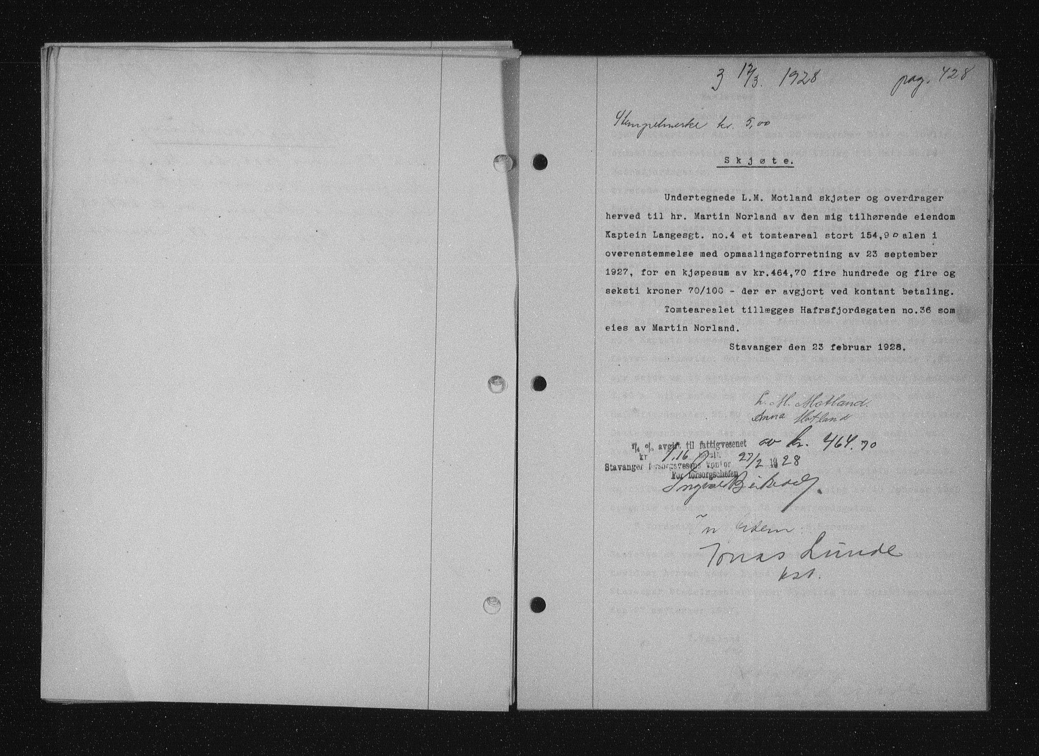 Stavanger byfogd, SAST/A-101408/001/4/41/410/410BB/L0053: Mortgage book no. 41, 1927-1928, Deed date: 17.03.1928