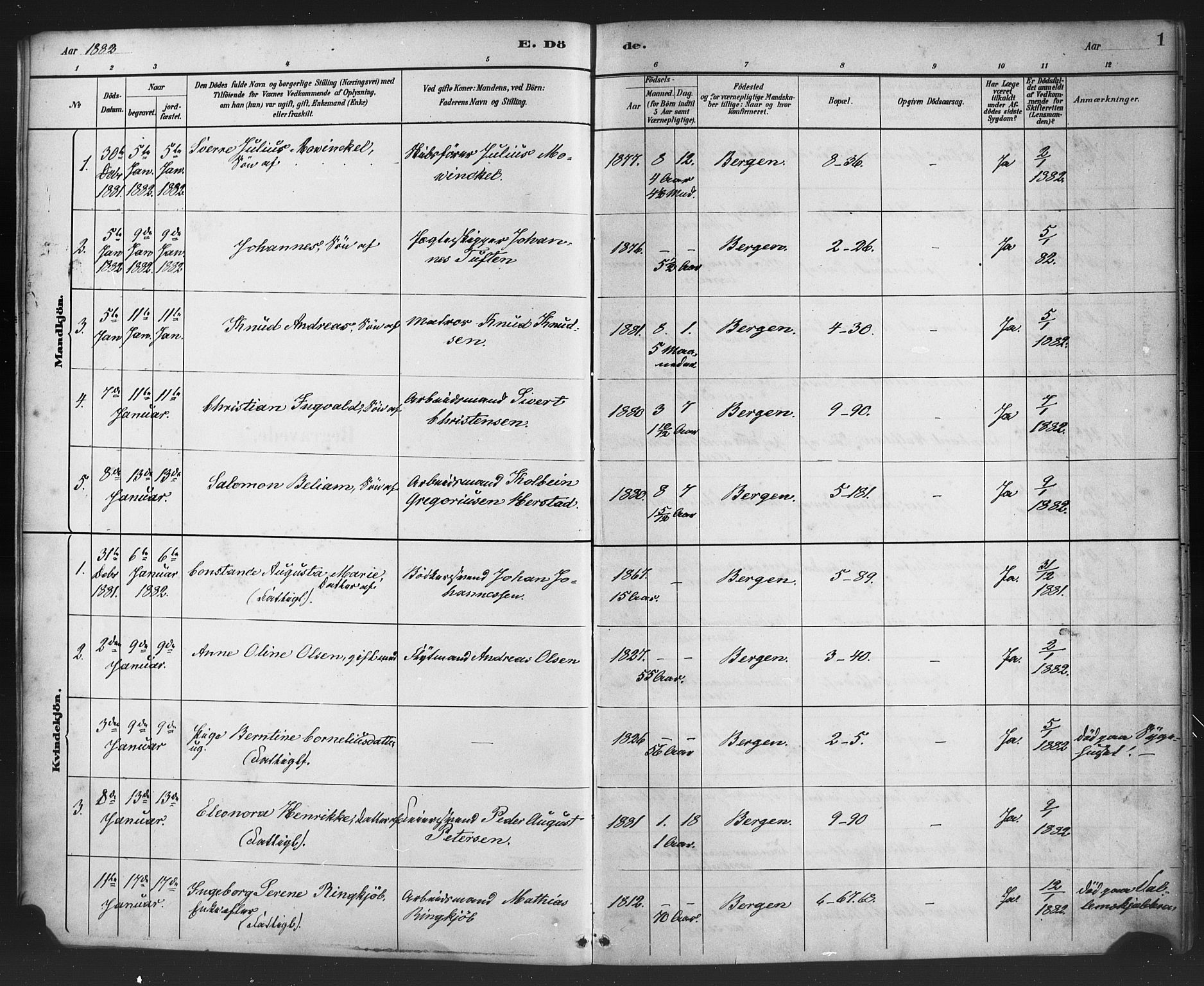 Nykirken Sokneprestembete, SAB/A-77101/H/Haa/L0044: Parish register (official) no. E 4, 1882-1898, p. 1