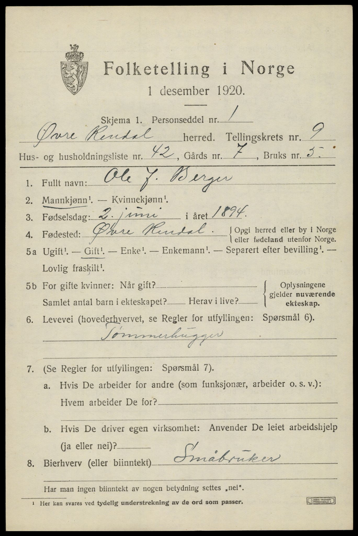 SAH, 1920 census for Øvre Rendal, 1920, p. 3779