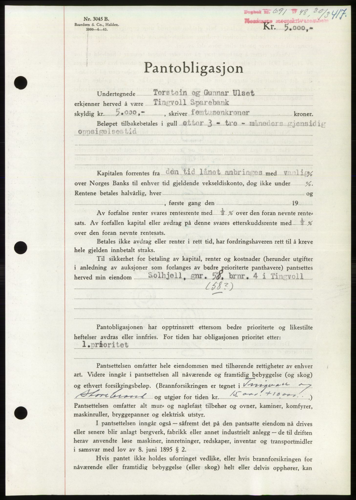 Nordmøre sorenskriveri, AV/SAT-A-4132/1/2/2Ca: Mortgage book no. B98, 1948-1948, Diary no: : 691/1948