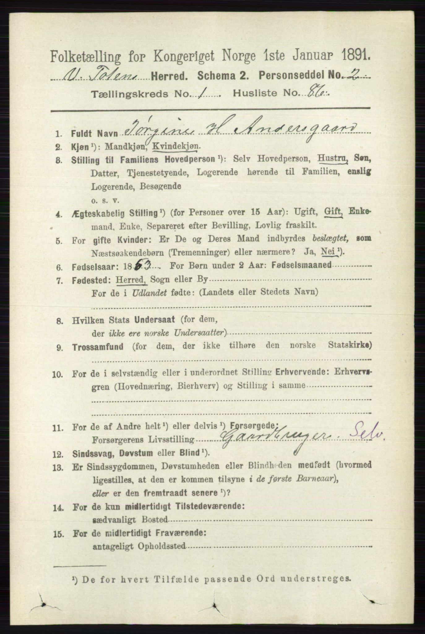 RA, 1891 census for 0529 Vestre Toten, 1891, p. 932