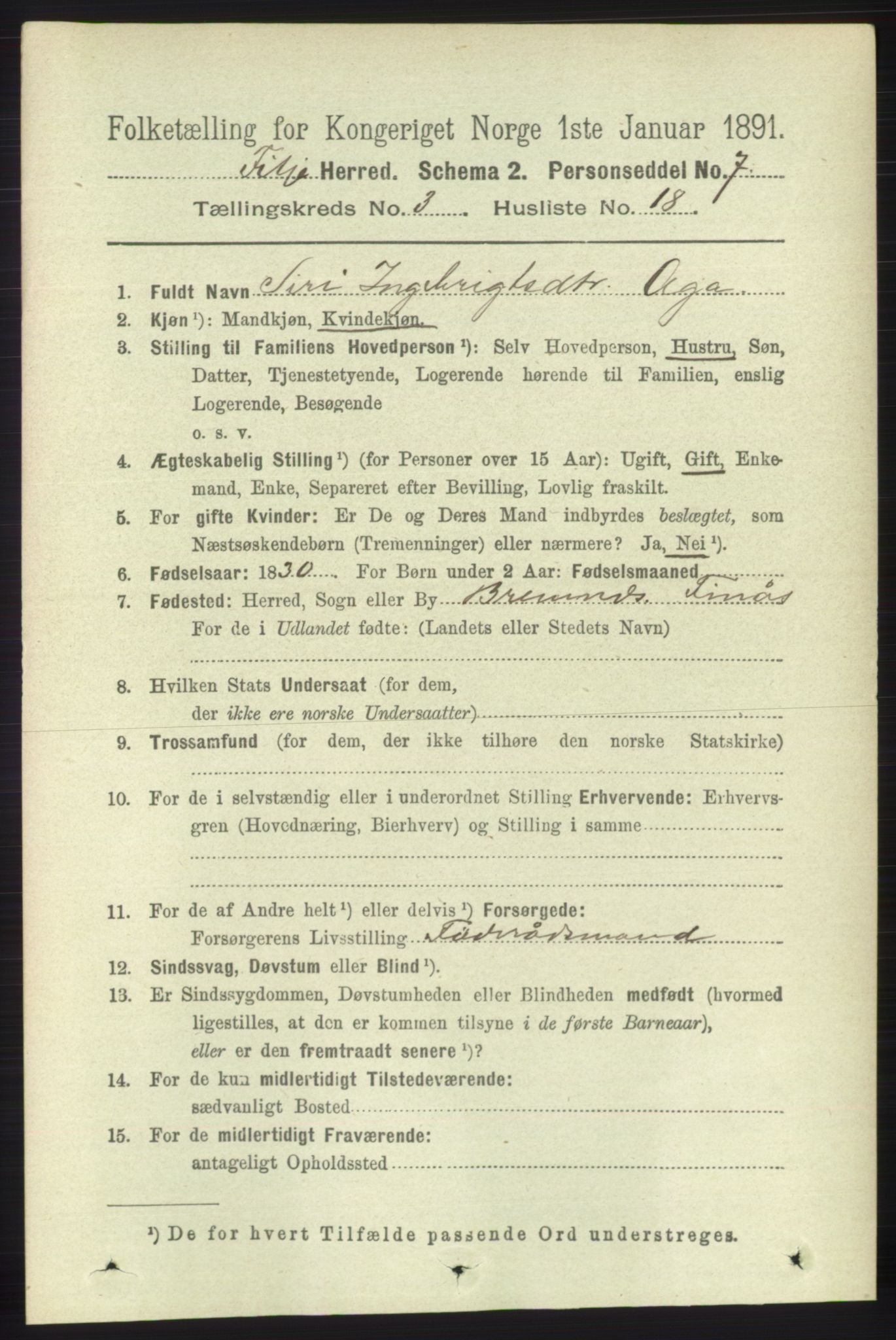 RA, 1891 census for 1222 Fitjar, 1891, p. 1109