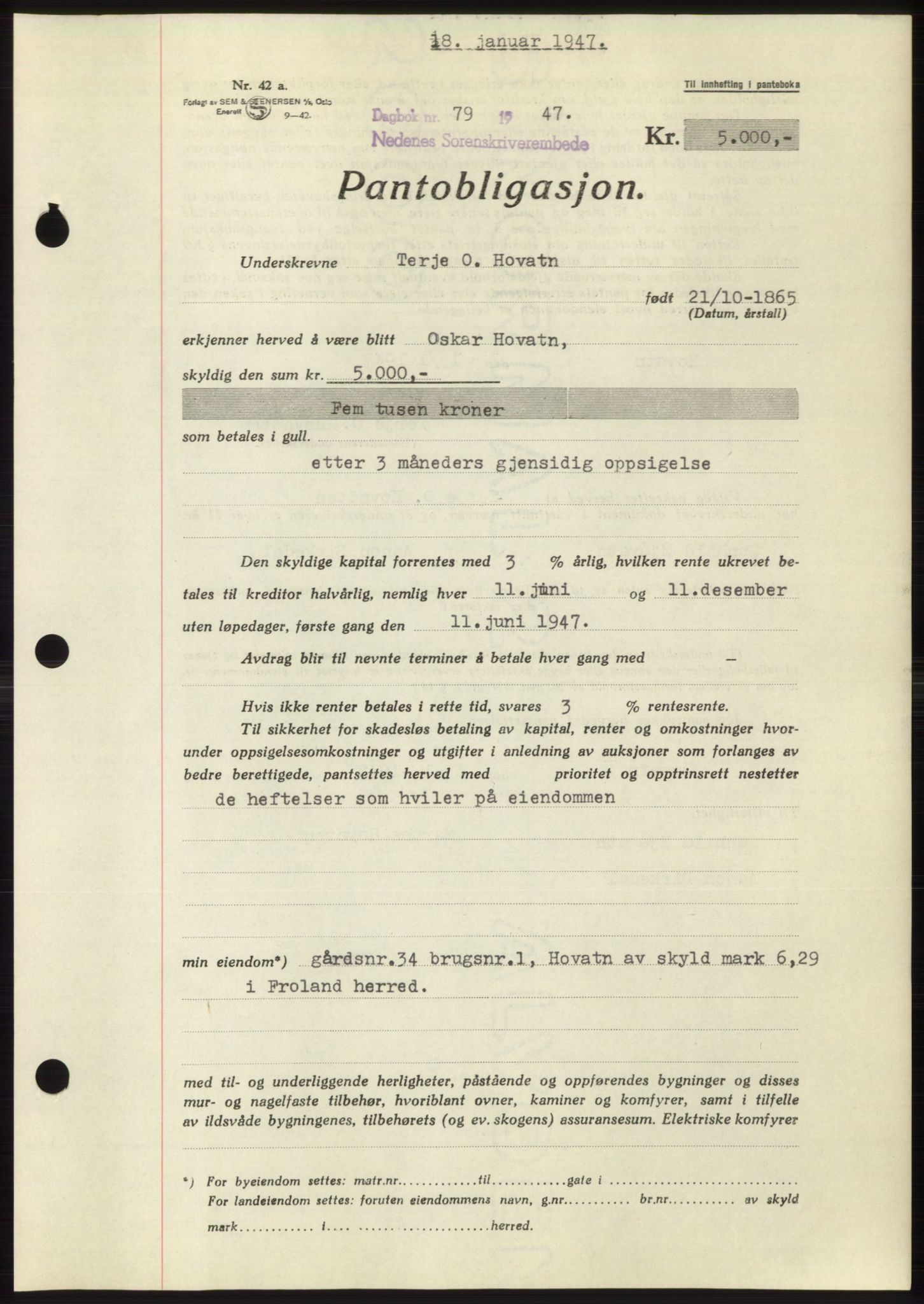 Nedenes sorenskriveri, AV/SAK-1221-0006/G/Gb/Gbb/L0004: Mortgage book no. B4, 1947-1947, Diary no: : 79/1947