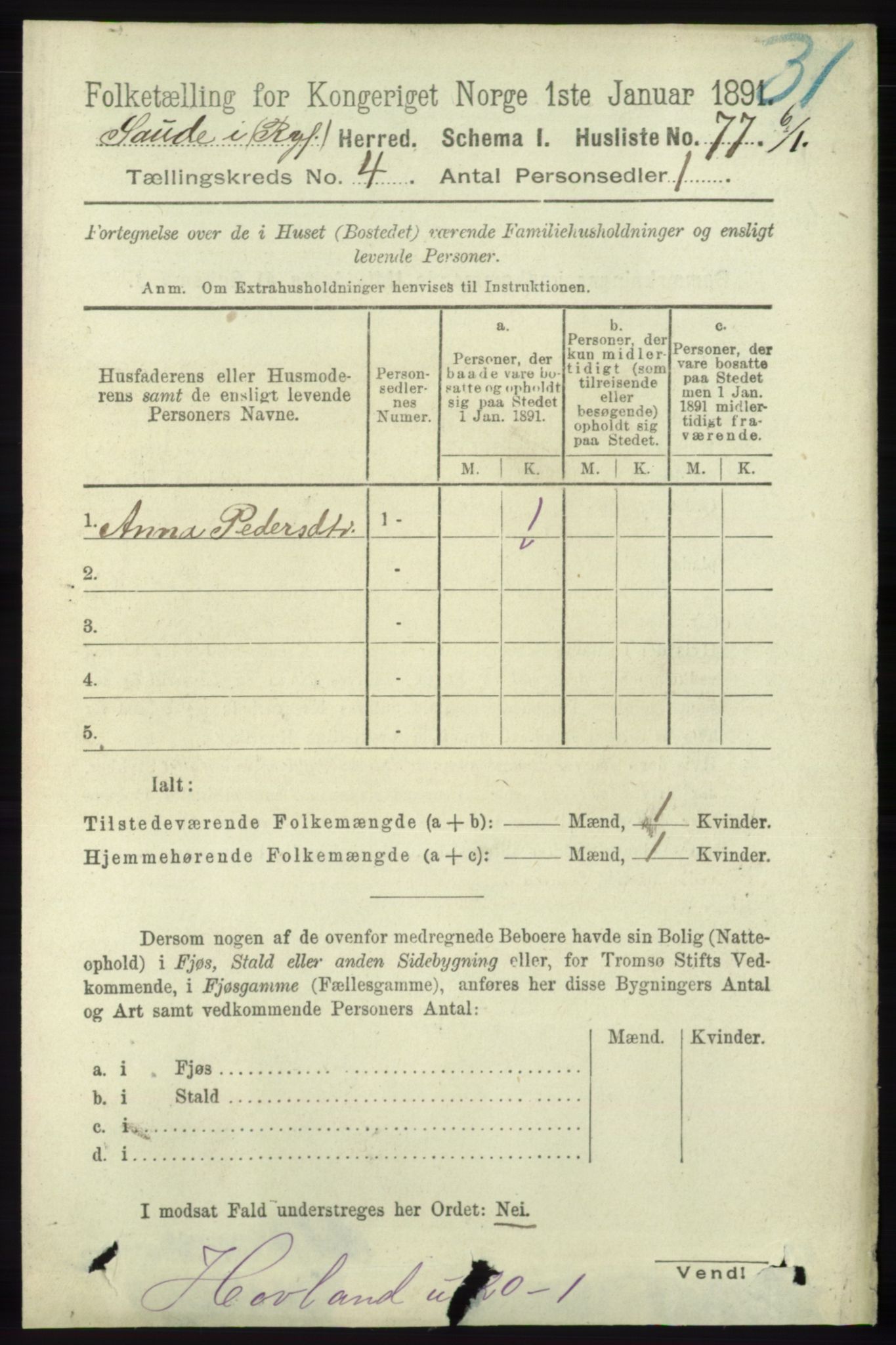 RA, 1891 census for 1135 Sauda, 1891, p. 1817