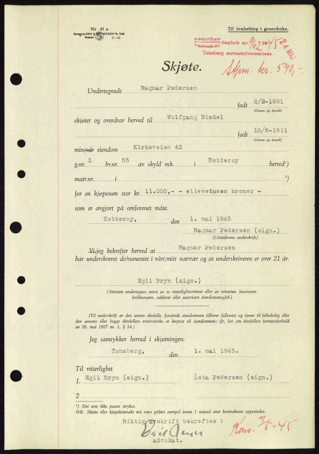 Tønsberg sorenskriveri, AV/SAKO-A-130/G/Ga/Gaa/L0017a: Mortgage book no. A17a, 1945-1945, Diary no: : 962/1945