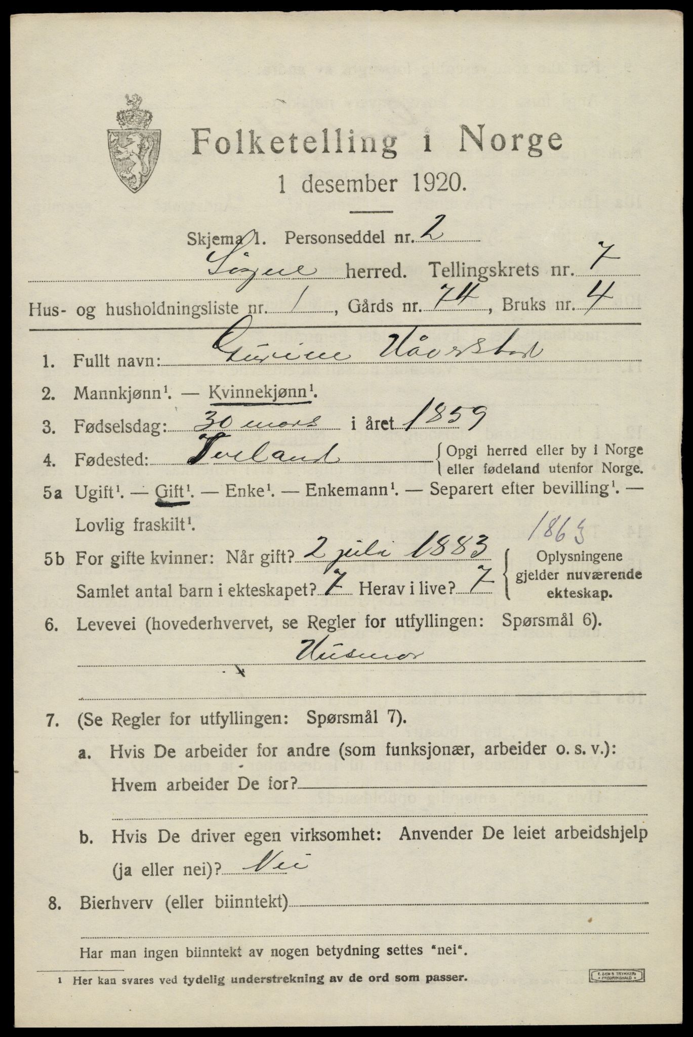 SAK, 1920 census for Søgne, 1920, p. 3503