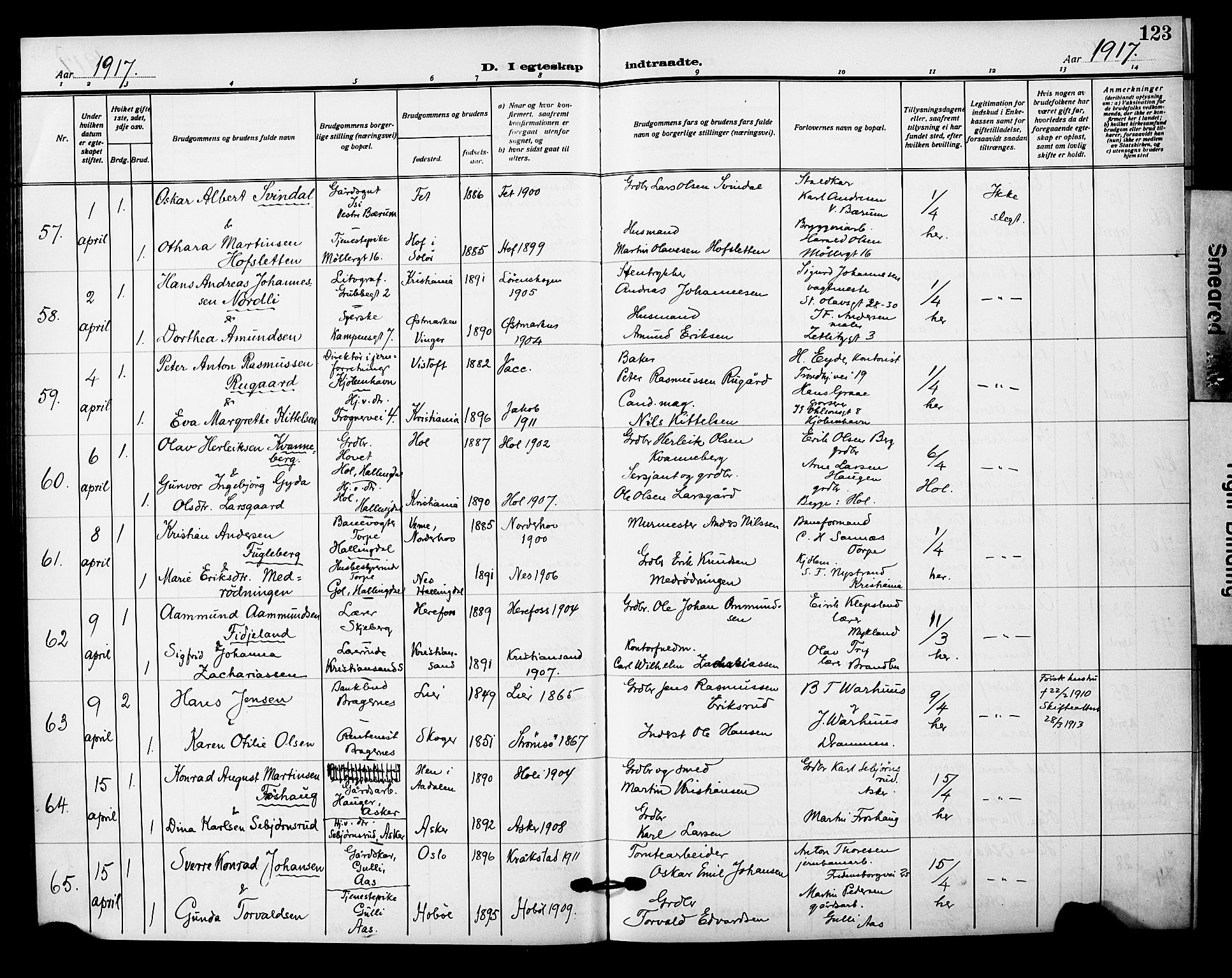 Oslo domkirke Kirkebøker, AV/SAO-A-10752/F/Fa/L0034: Parish register (official) no. 34, 1913-1921, p. 123