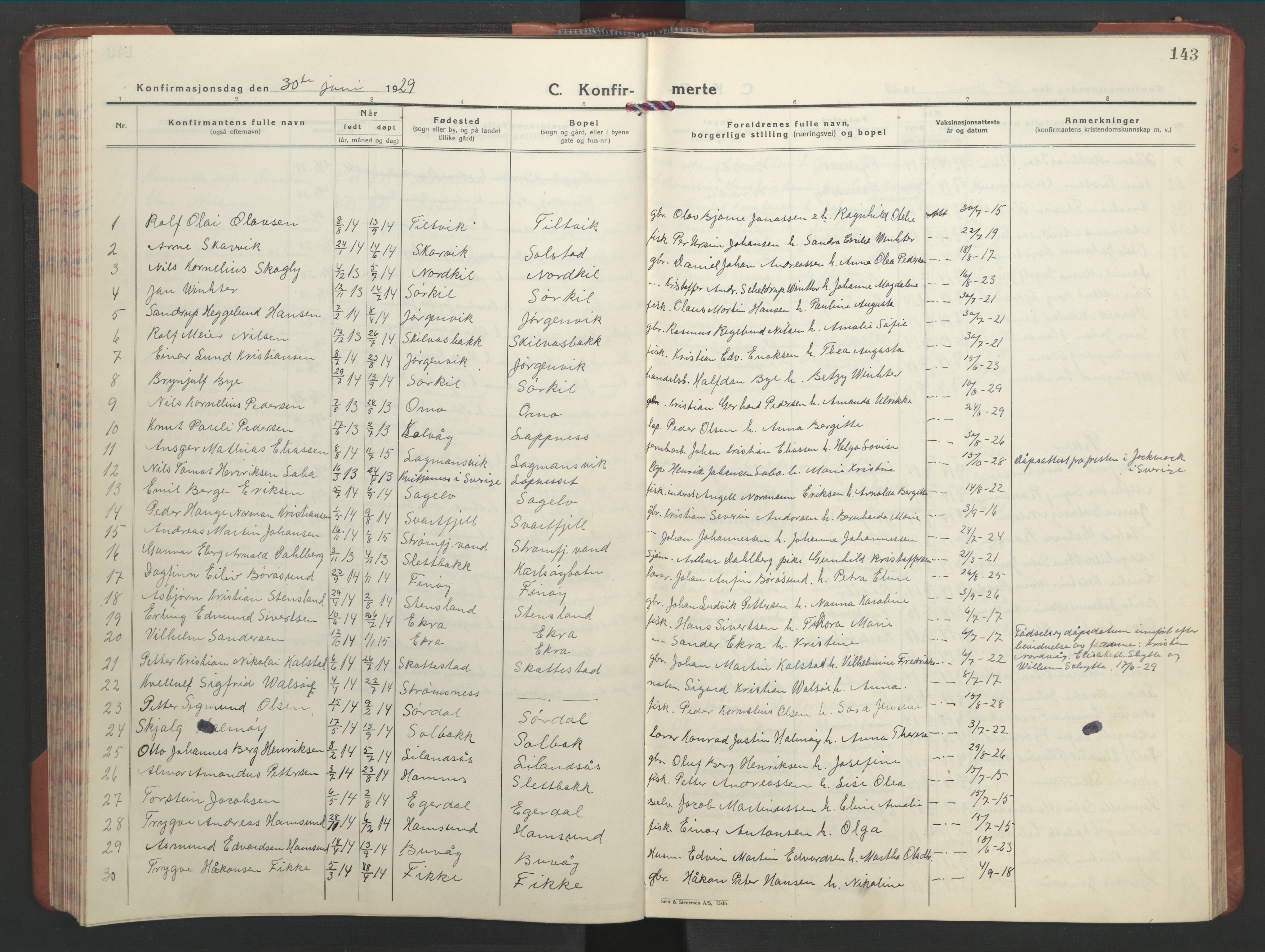 Ministerialprotokoller, klokkerbøker og fødselsregistre - Nordland, AV/SAT-A-1459/859/L0862: Parish register (copy) no. 859C08, 1925-1936, p. 143