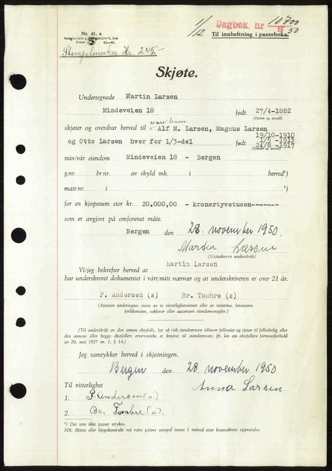 Byfogd og Byskriver i Bergen, AV/SAB-A-3401/03/03Bc/L0034: Mortgage book no. A27-28, 1950-1950, Diary no: : 10700/1950