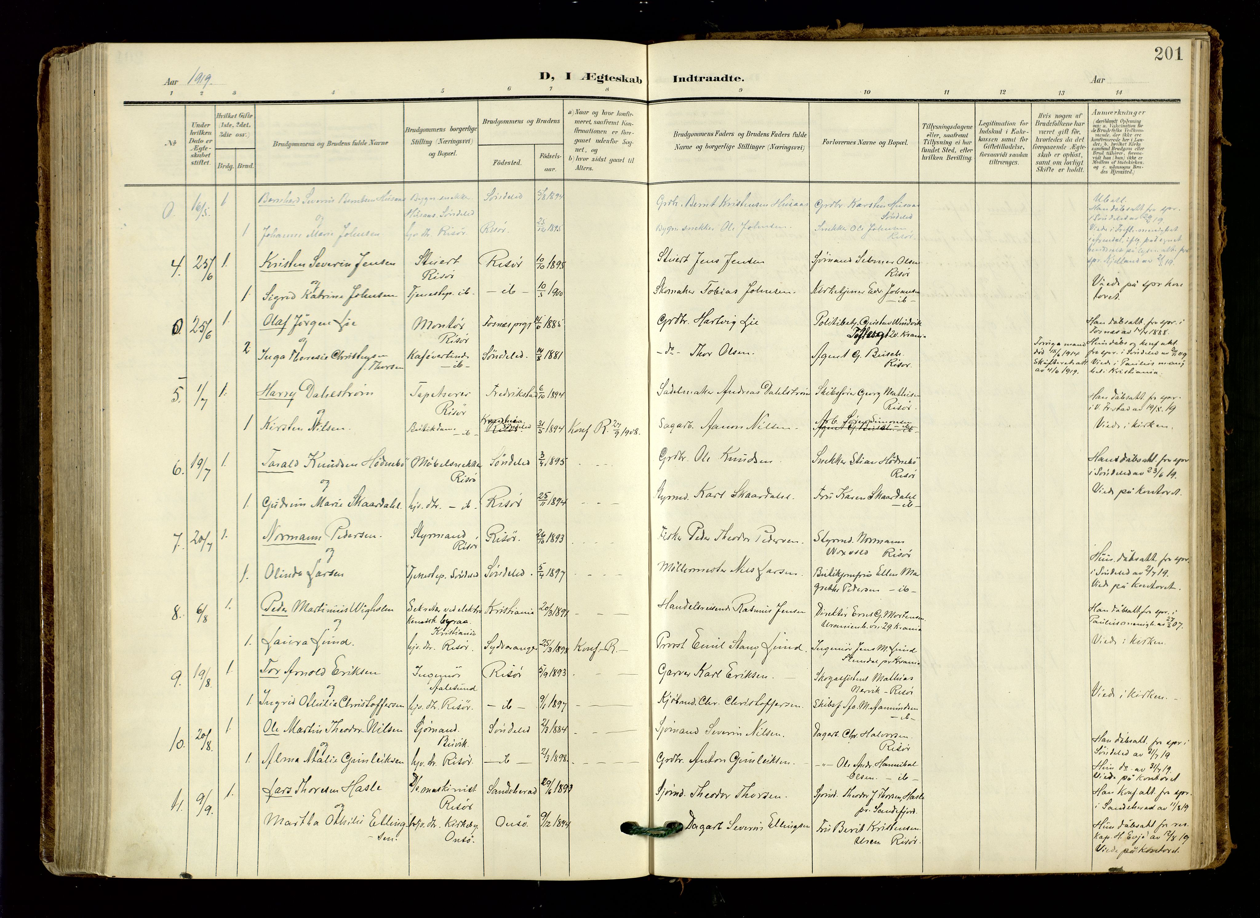 Risør sokneprestkontor, AV/SAK-1111-0035/F/Fa/L0011: Parish register (official) no. A 11, 1907-1920, p. 201