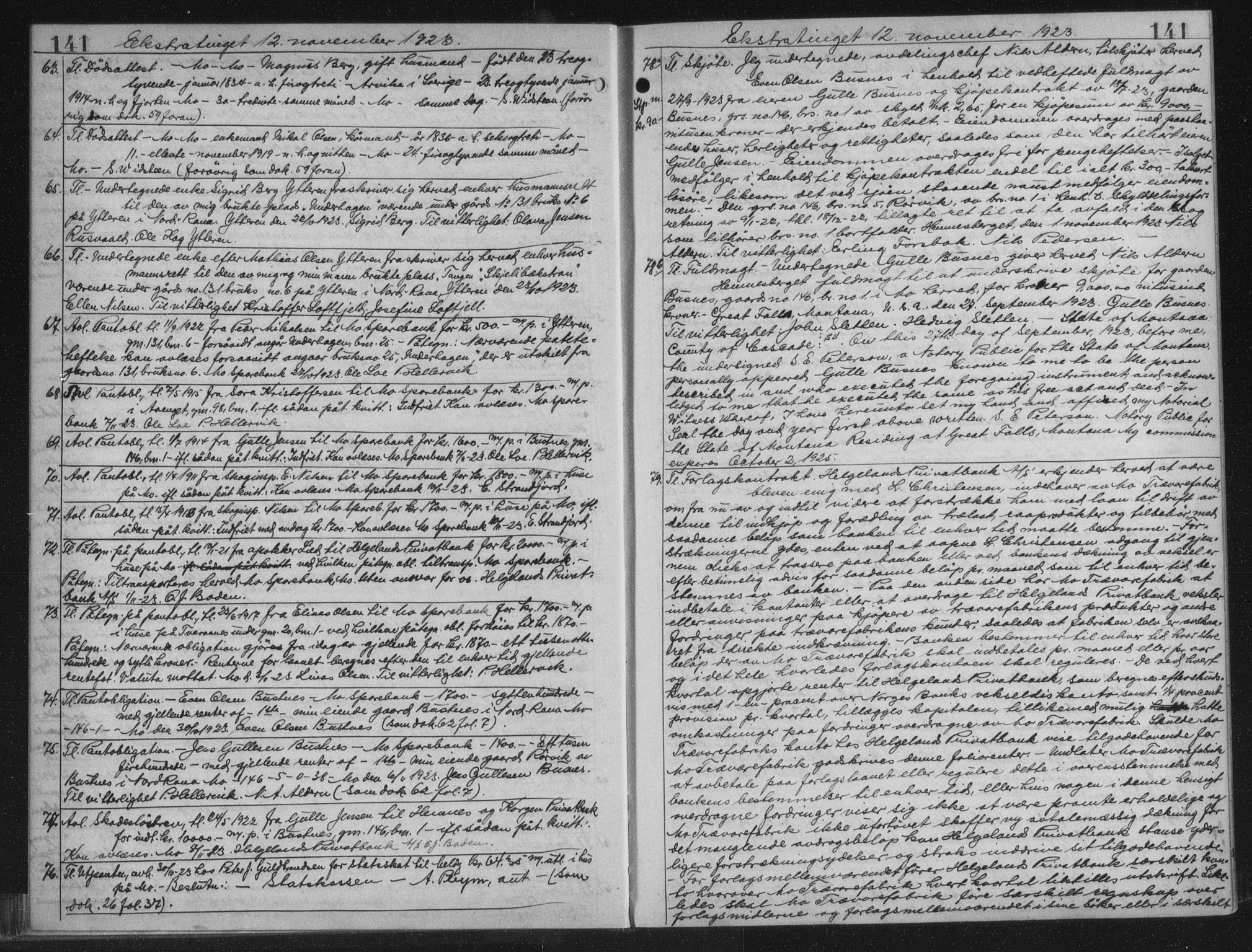 Rana sorenskriveri , AV/SAT-A-1108/1/2/2C/L0018: Mortgage book no. 18, 1923-1928, p. 141, Deed date: 12.11.1923