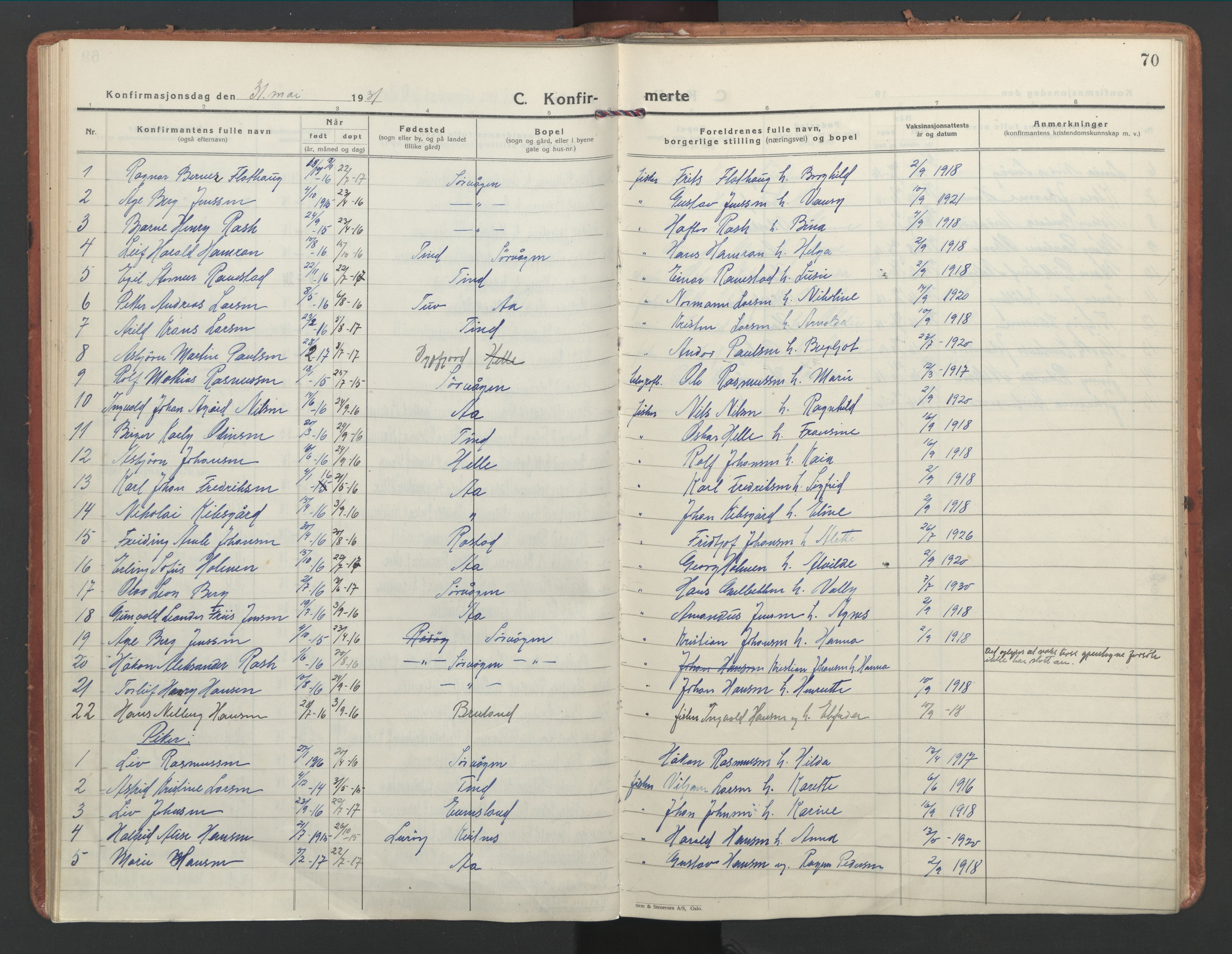 Ministerialprotokoller, klokkerbøker og fødselsregistre - Nordland, SAT/A-1459/886/L1223: Parish register (official) no. 886A05, 1926-1938, p. 70