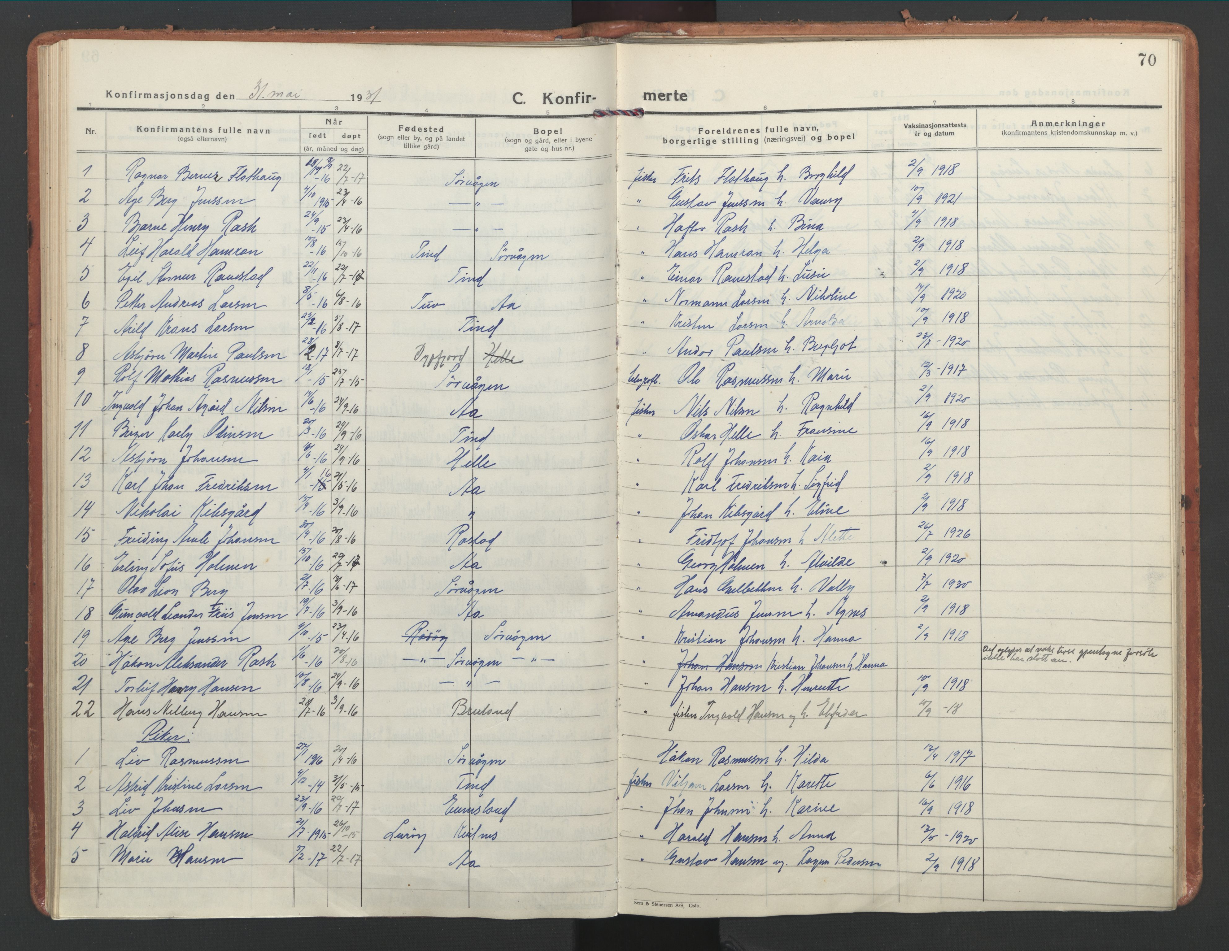 Ministerialprotokoller, klokkerbøker og fødselsregistre - Nordland, AV/SAT-A-1459/886/L1223: Parish register (official) no. 886A05, 1926-1938, p. 70