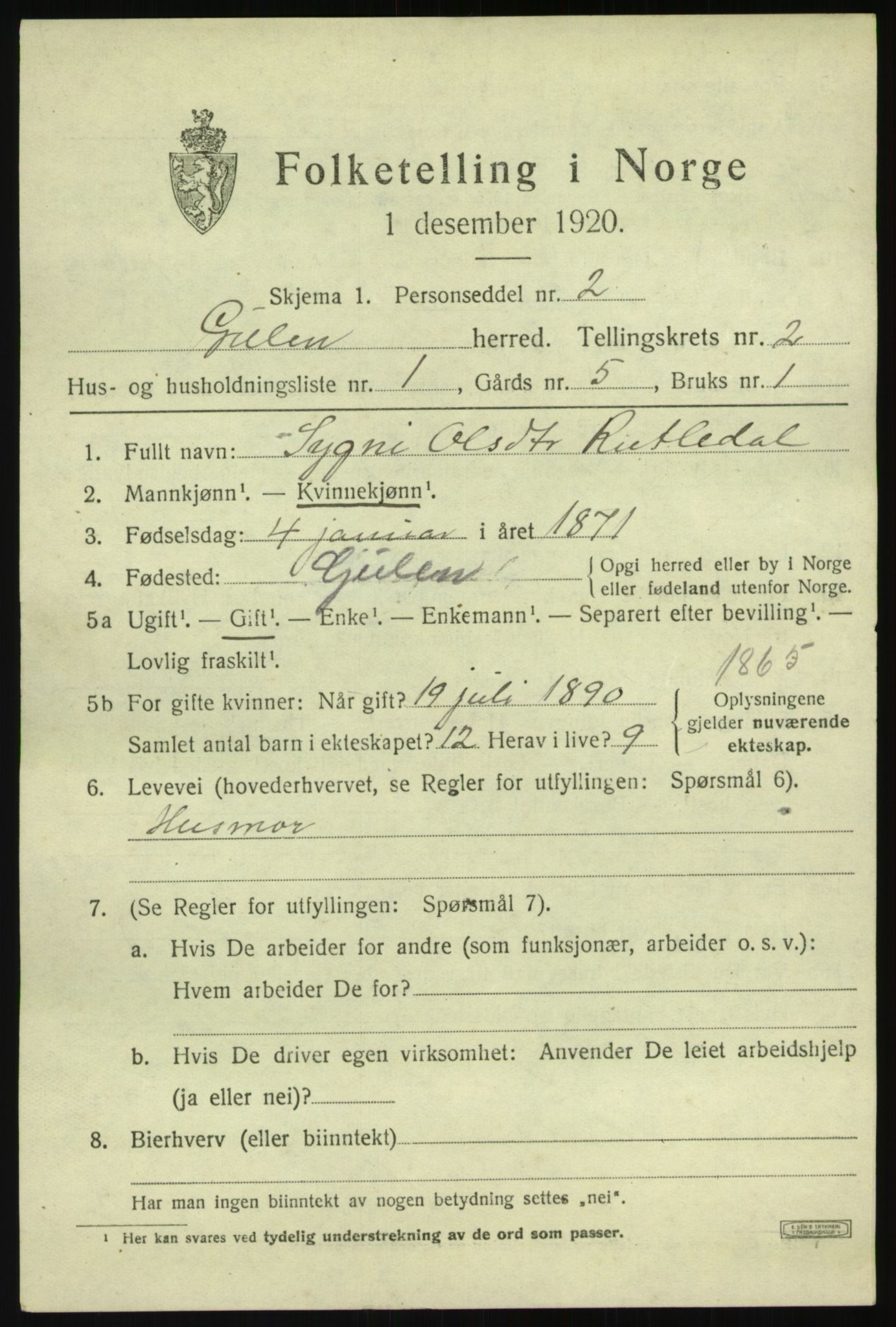 SAB, 1920 census for Gulen, 1920, p. 1309