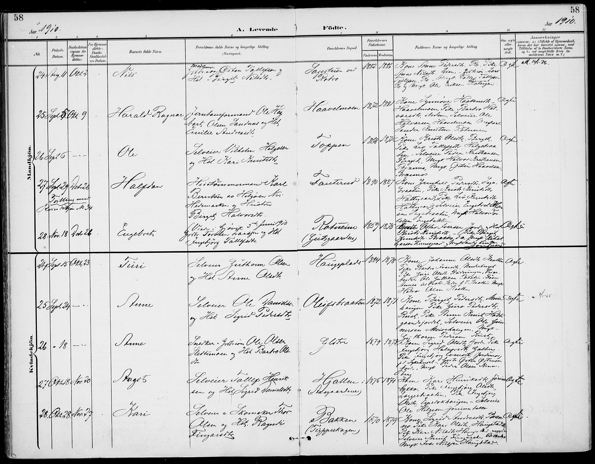 Gol kirkebøker, AV/SAKO-A-226/F/Fa/L0006: Parish register (official) no. I 6, 1901-1918, p. 58