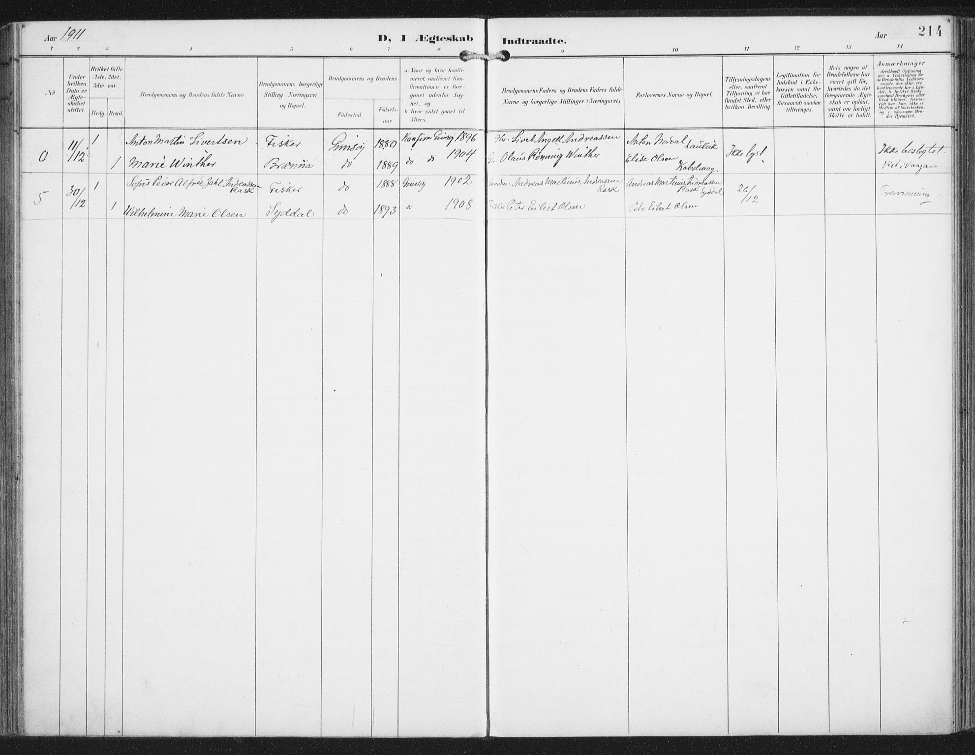 Ministerialprotokoller, klokkerbøker og fødselsregistre - Nordland, AV/SAT-A-1459/876/L1098: Parish register (official) no. 876A04, 1896-1915, p. 214