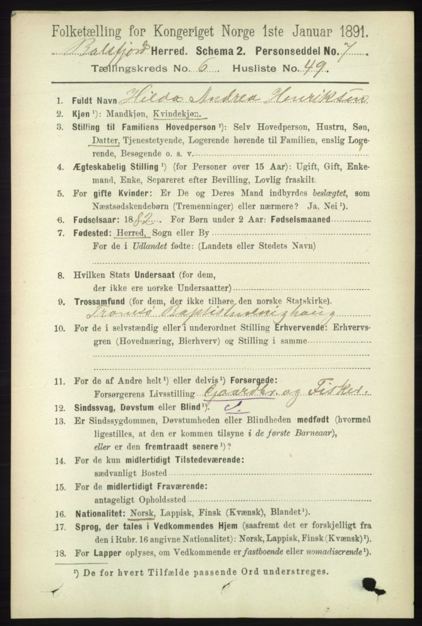 RA, 1891 census for 1933 Balsfjord, 1891, p. 1963