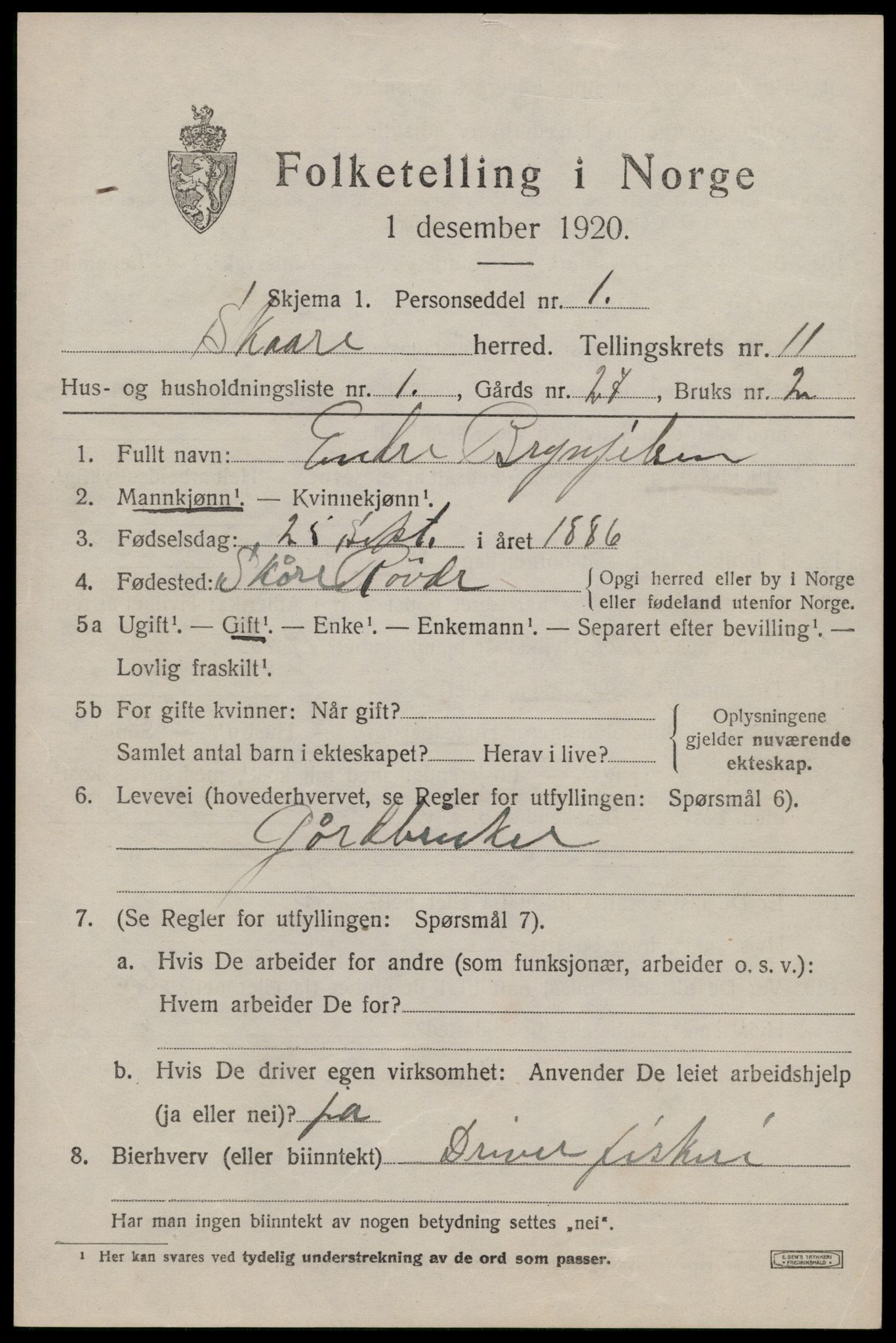 SAST, 1920 census for Skåre, 1920, p. 8276