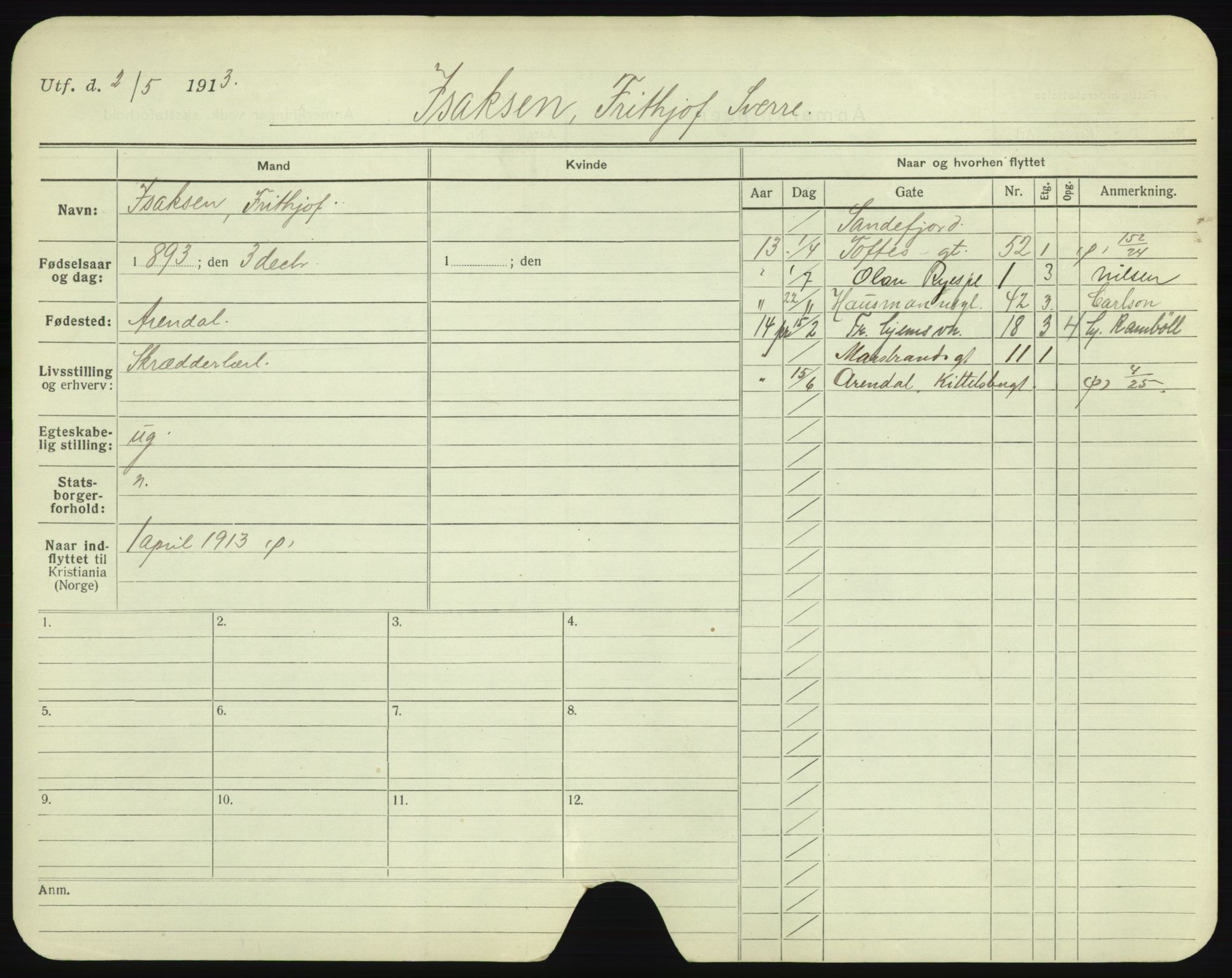 Oslo folkeregister, Registerkort, AV/SAO-A-11715/F/Fa/Fac/L0005: Menn, 1906-1914, p. 23a