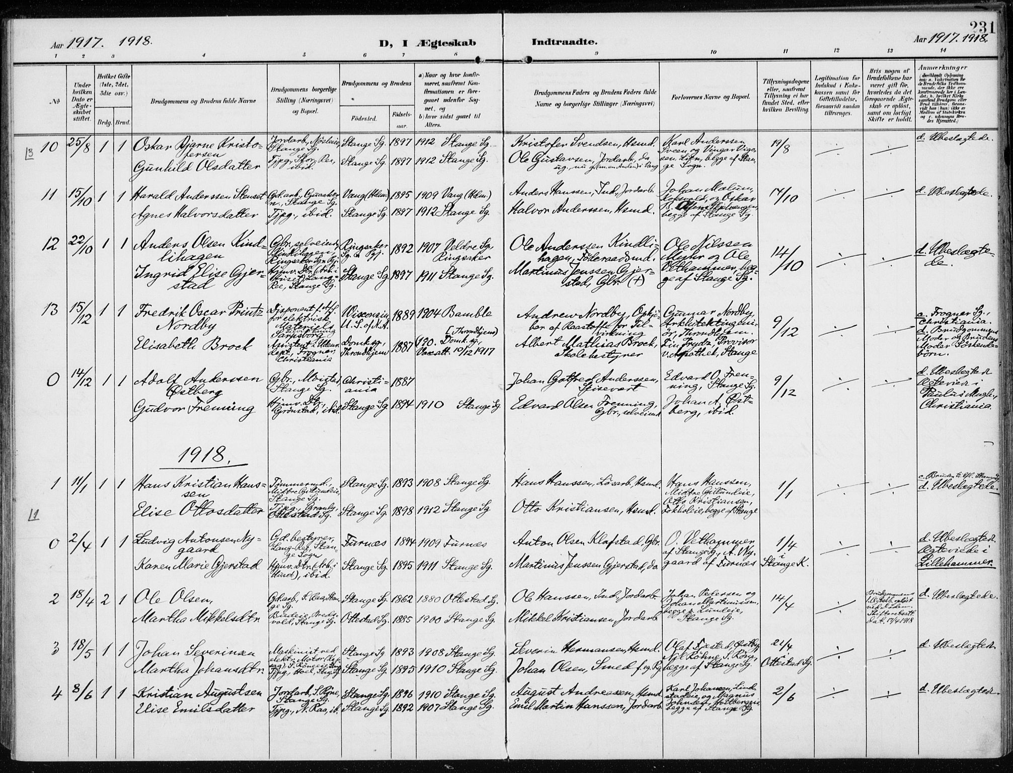 Stange prestekontor, SAH/PREST-002/K/L0024: Parish register (official) no. 24, 1906-1922, p. 231