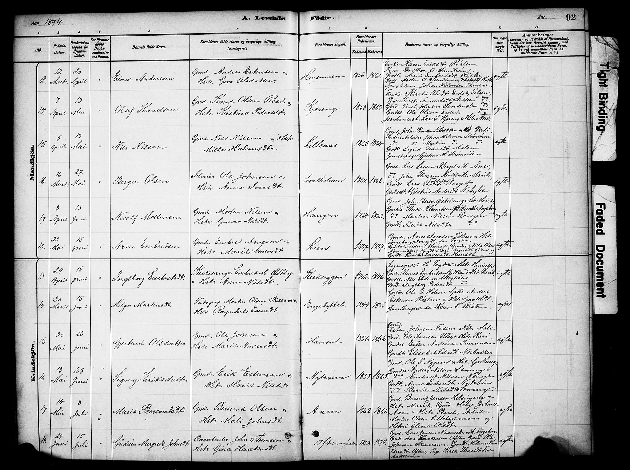 Tynset prestekontor, AV/SAH-PREST-058/H/Ha/Hab/L0006: Parish register (copy) no. 6, 1880-1899, p. 92