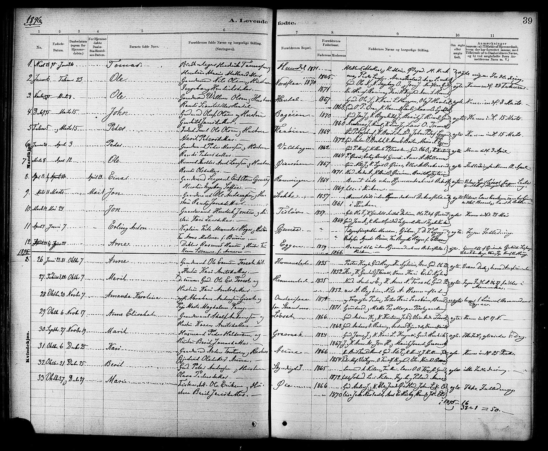 Ministerialprotokoller, klokkerbøker og fødselsregistre - Sør-Trøndelag, SAT/A-1456/691/L1094: Parish register (copy) no. 691C05, 1879-1911, p. 39
