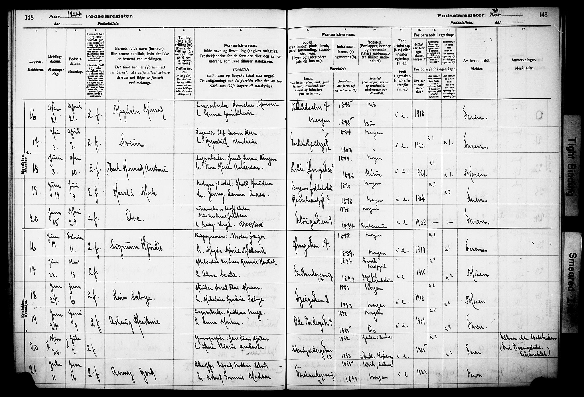 Korskirken sokneprestembete, SAB/A-76101/I/Id/L00A1: Birth register no. A 1, 1916-1929, p. 148