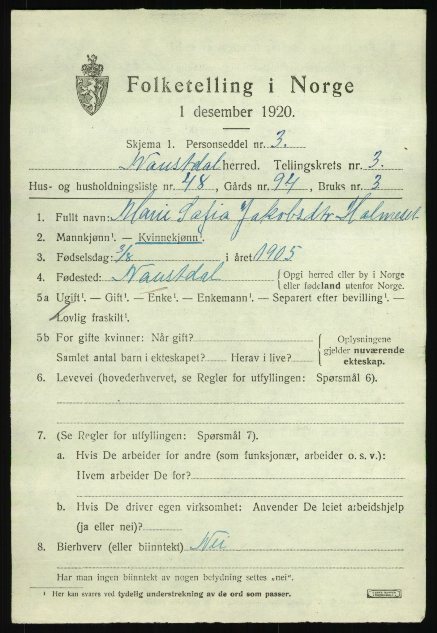 SAB, 1920 census for Naustdal, 1920, p. 2345