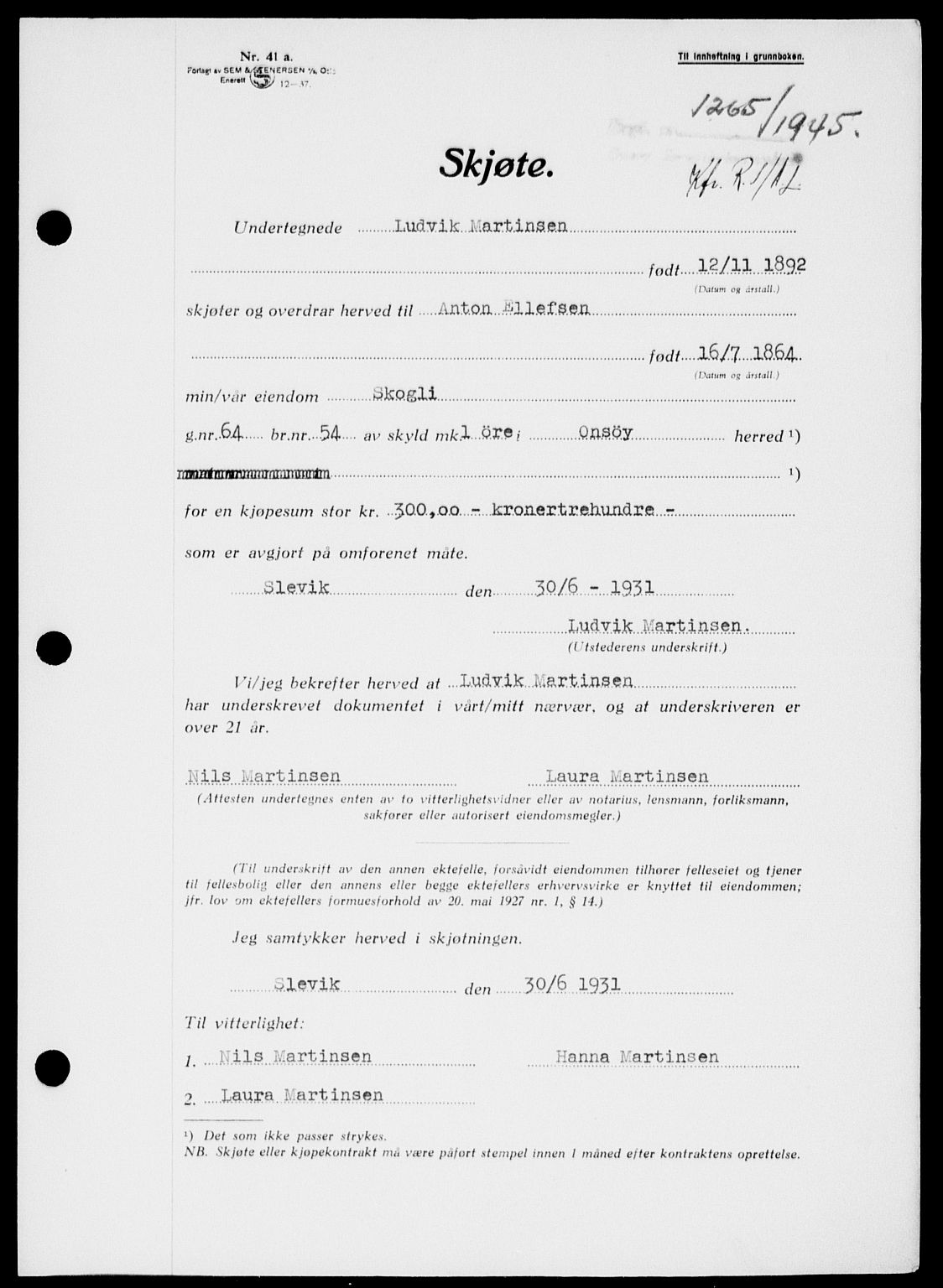 Onsøy sorenskriveri, SAO/A-10474/G/Ga/Gab/L0015: Mortgage book no. II A-15, 1945-1946, Diary no: : 1265/1945